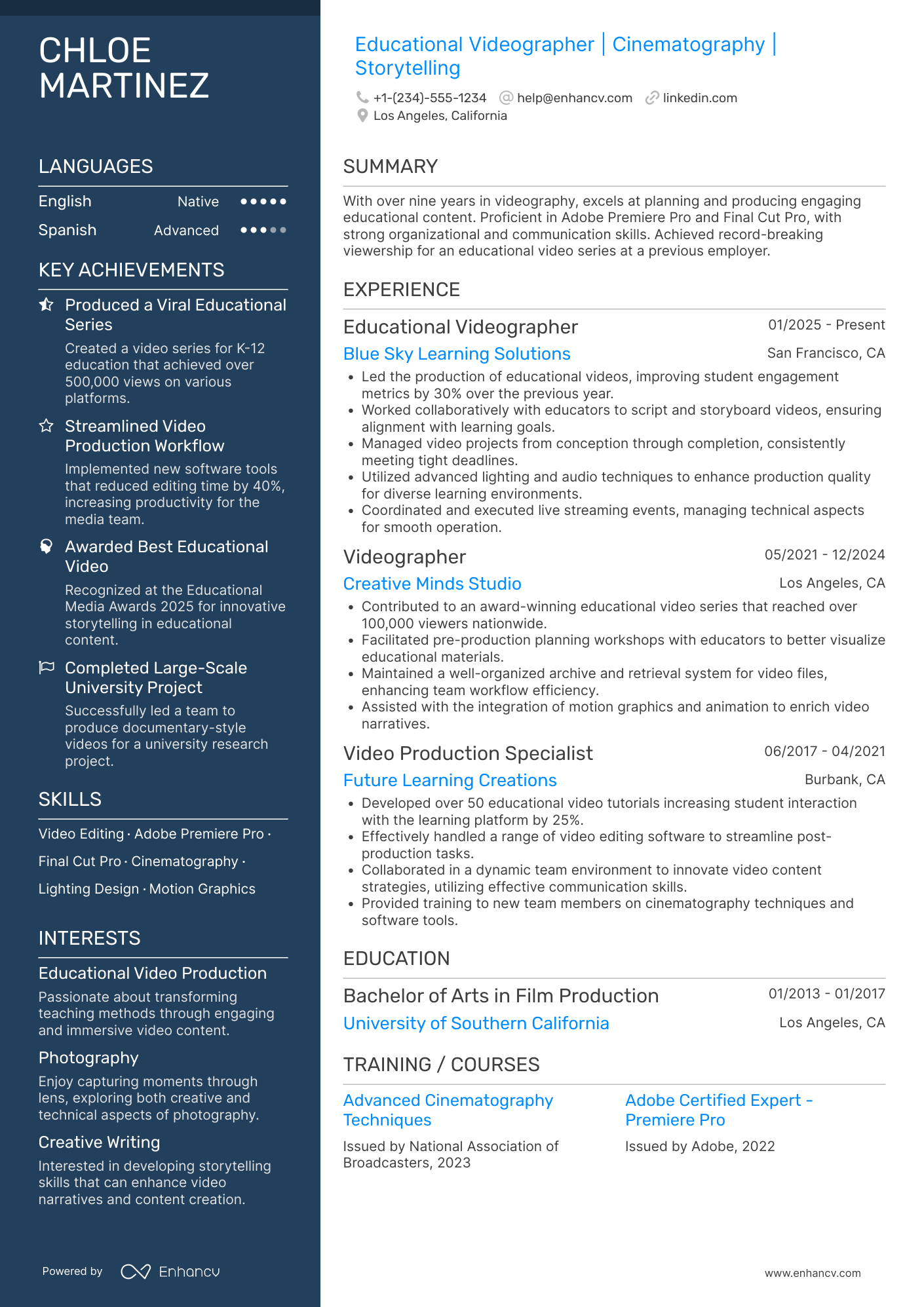 A resume example of a Educational Videographer