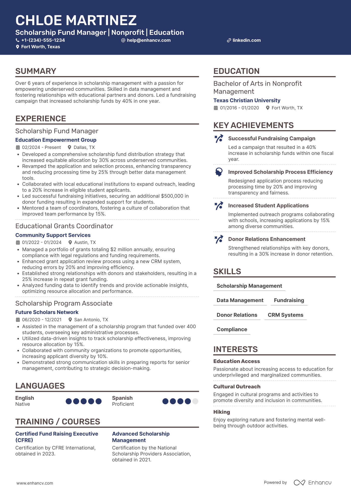 A resume example of a Scholarship Fund Manager