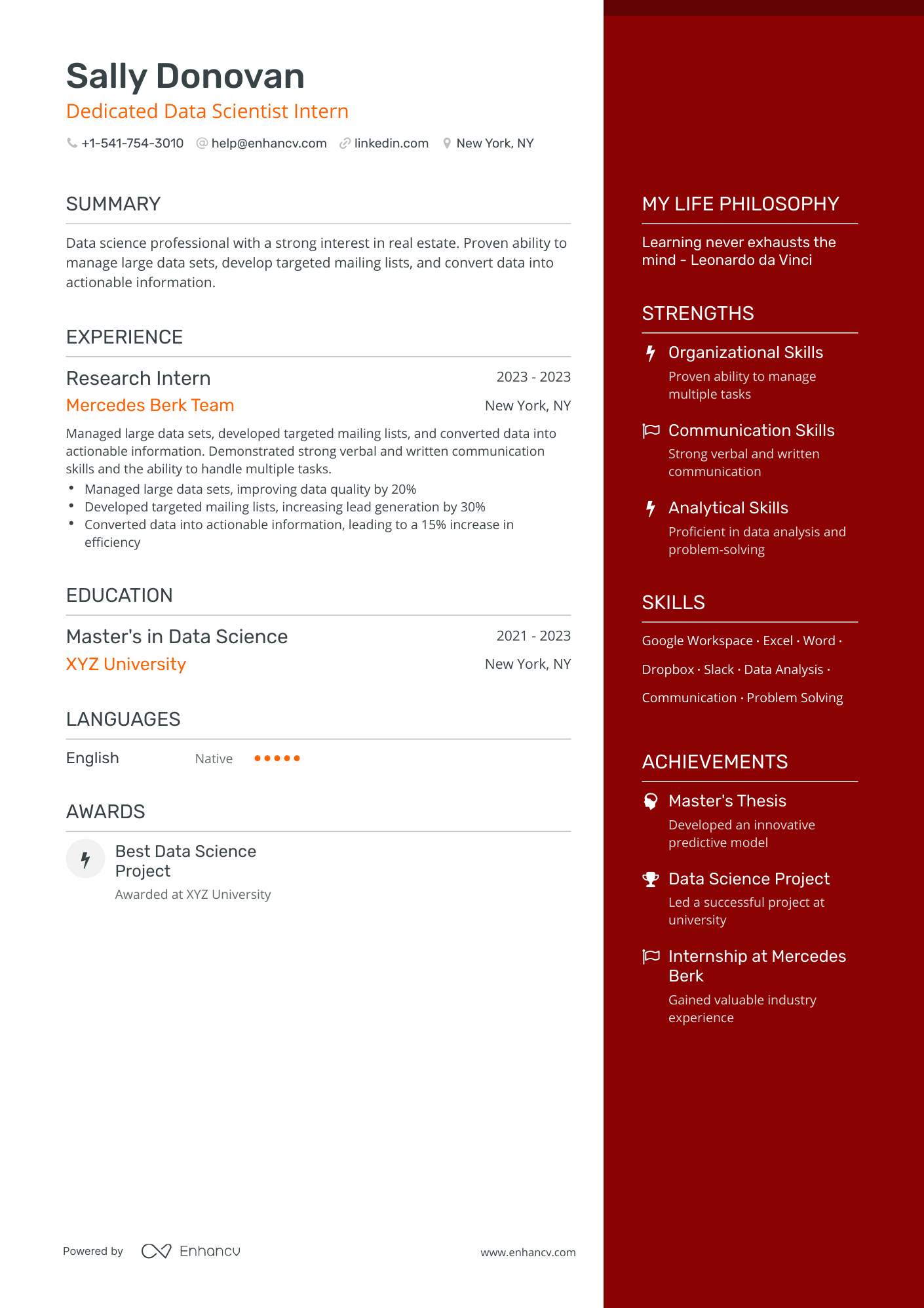 One Page Intern Resume Template