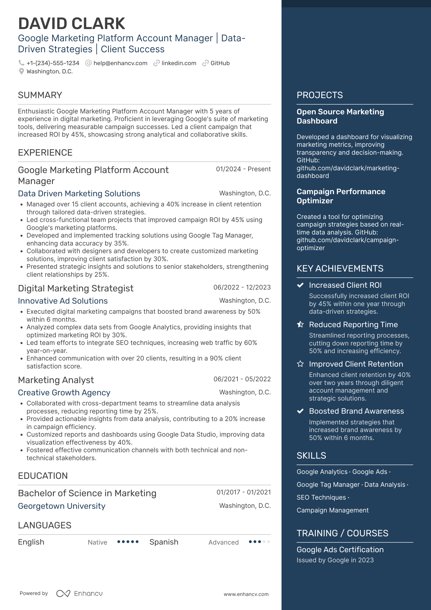 A resume example of a Google Marketing Platform Account Manager