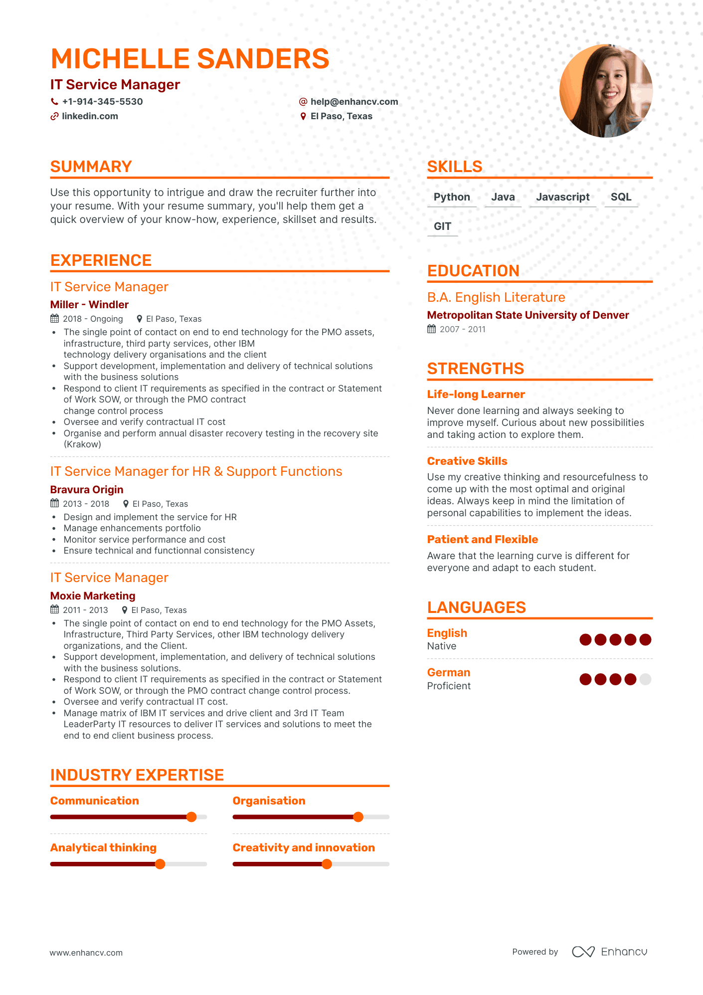 Simple IT Service Manager Resume Template