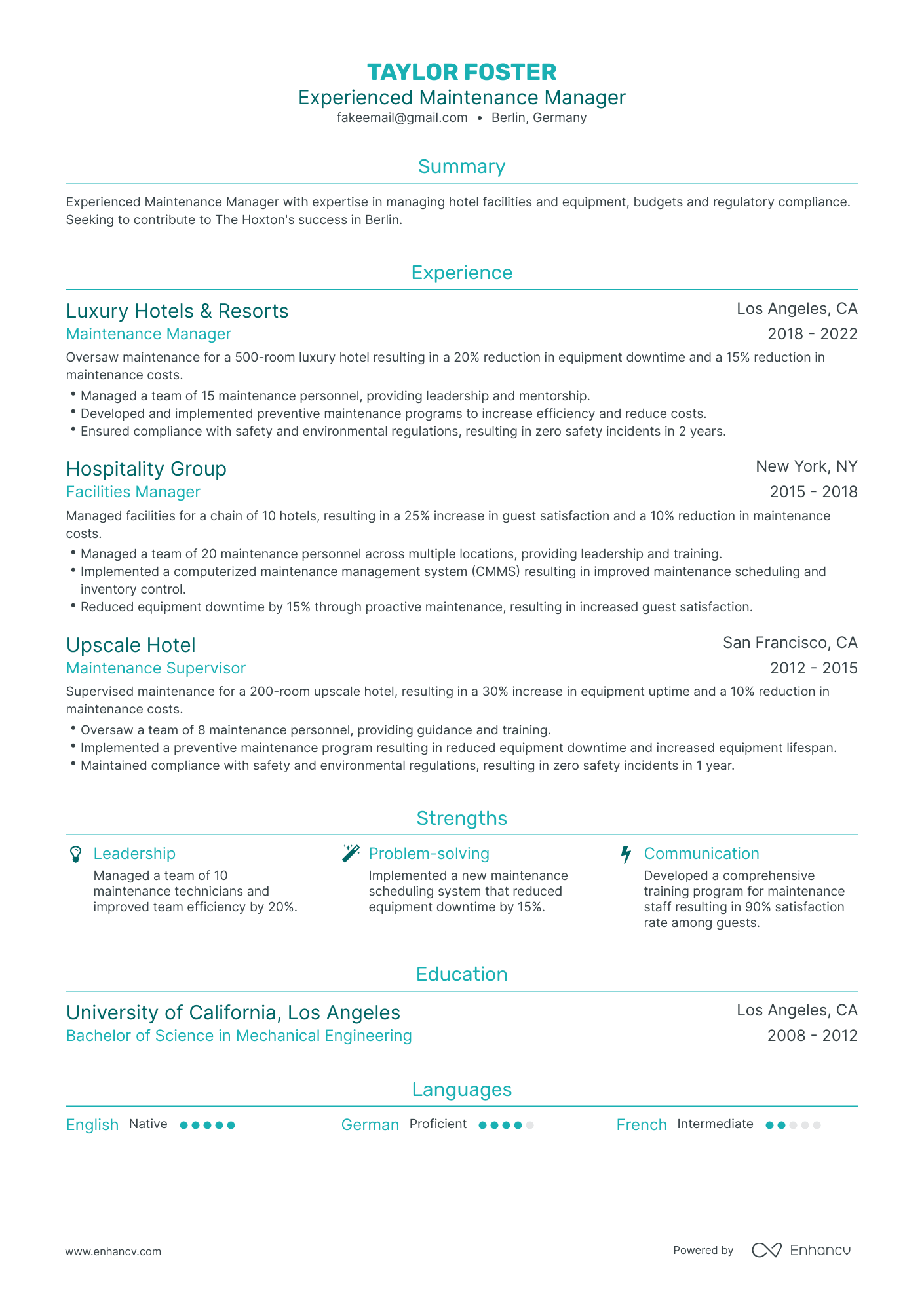 Traditional Maintenance Manager Resume Template