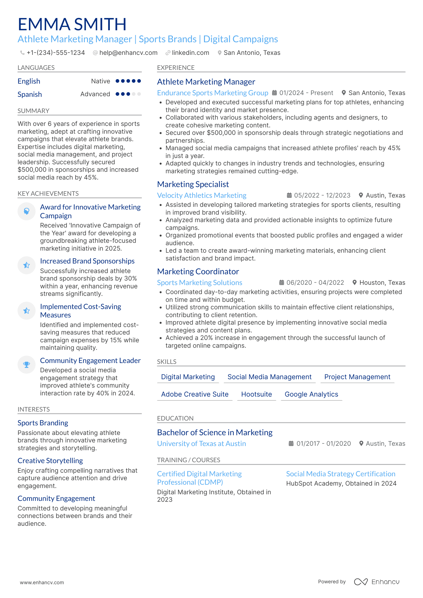 A resume example of a Athlete Marketing Manager