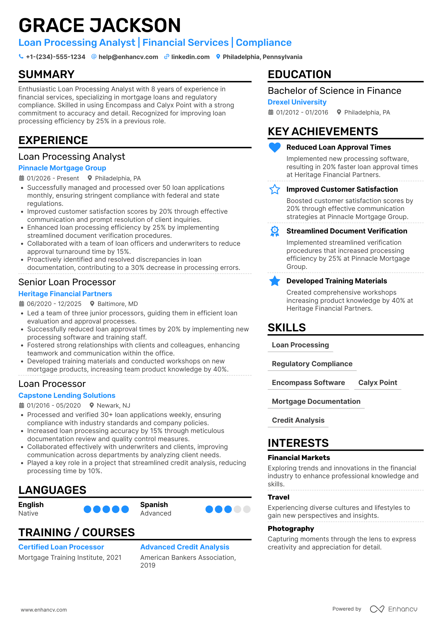 A resume example of a Loan Processing Analyst