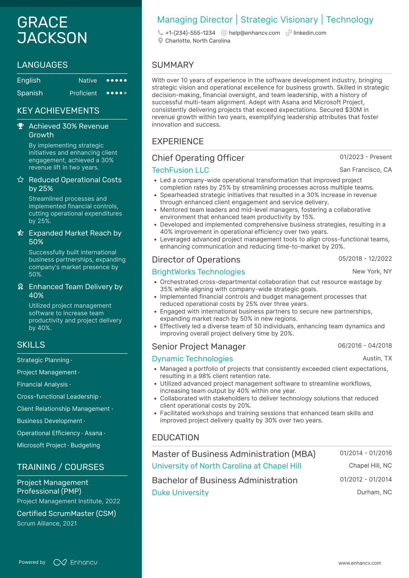A resume example of a Managing Director