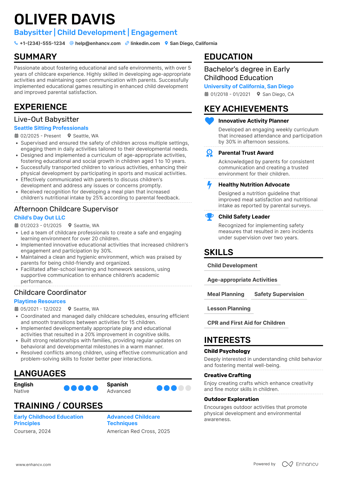 A resume example of a Live Out Babysitter