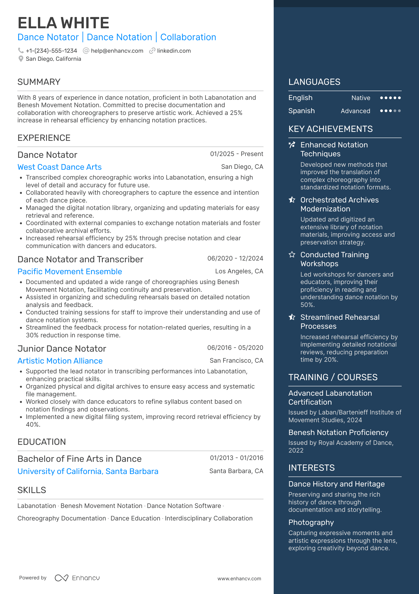 A resume example of a Dance Notator