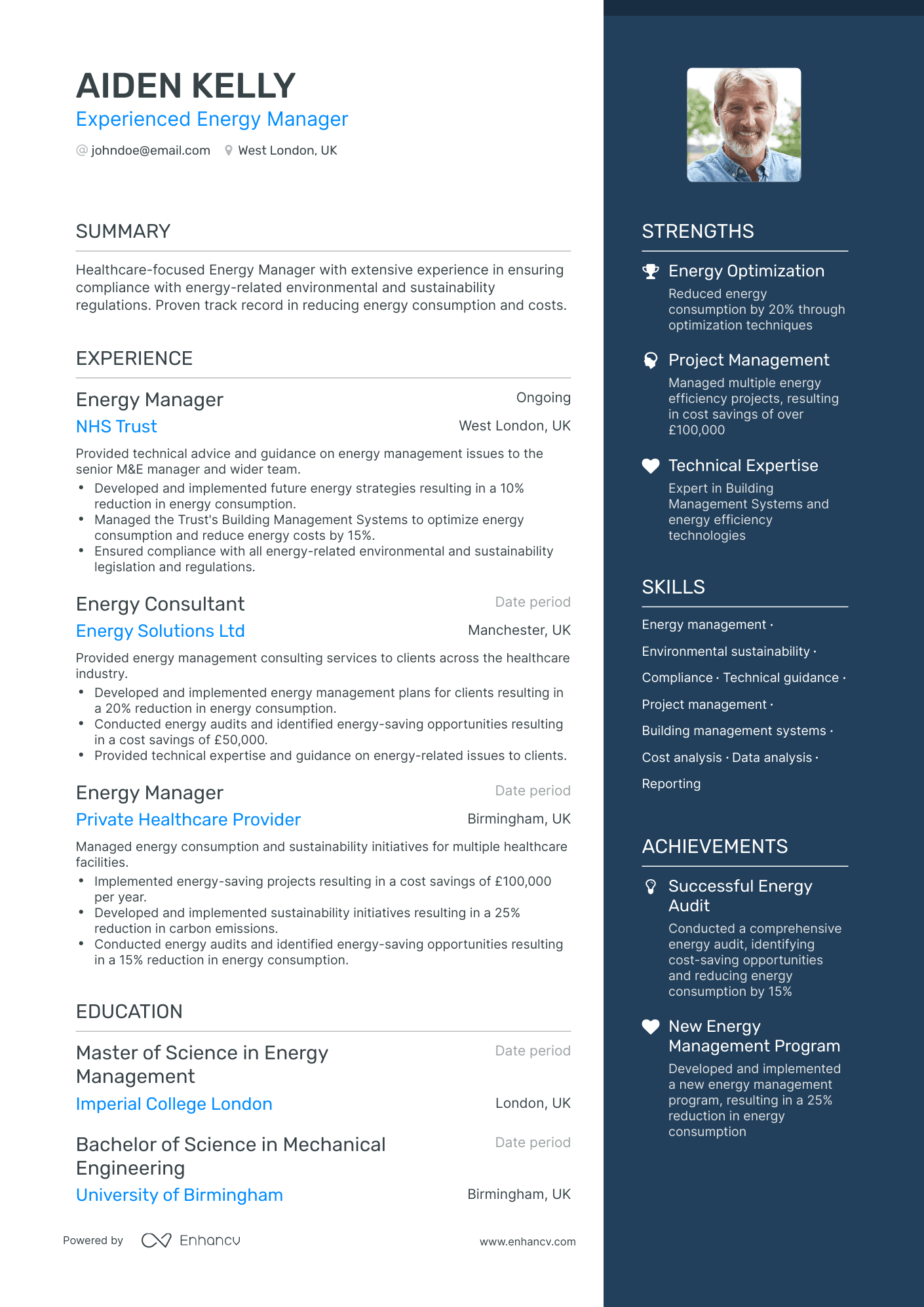 One Page Energy Manager Resume Template