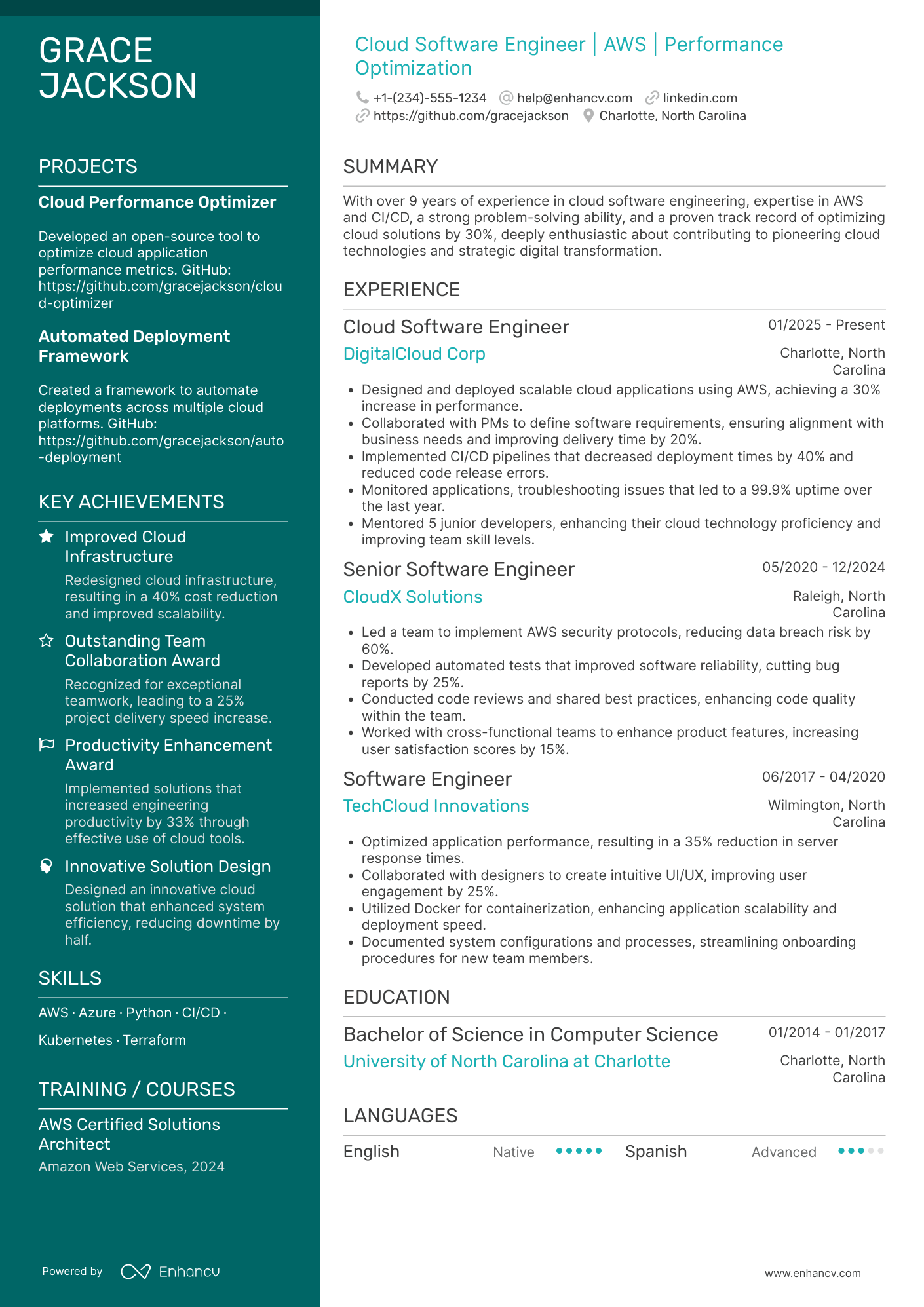 A resume example of a Cloud Software Engineer
