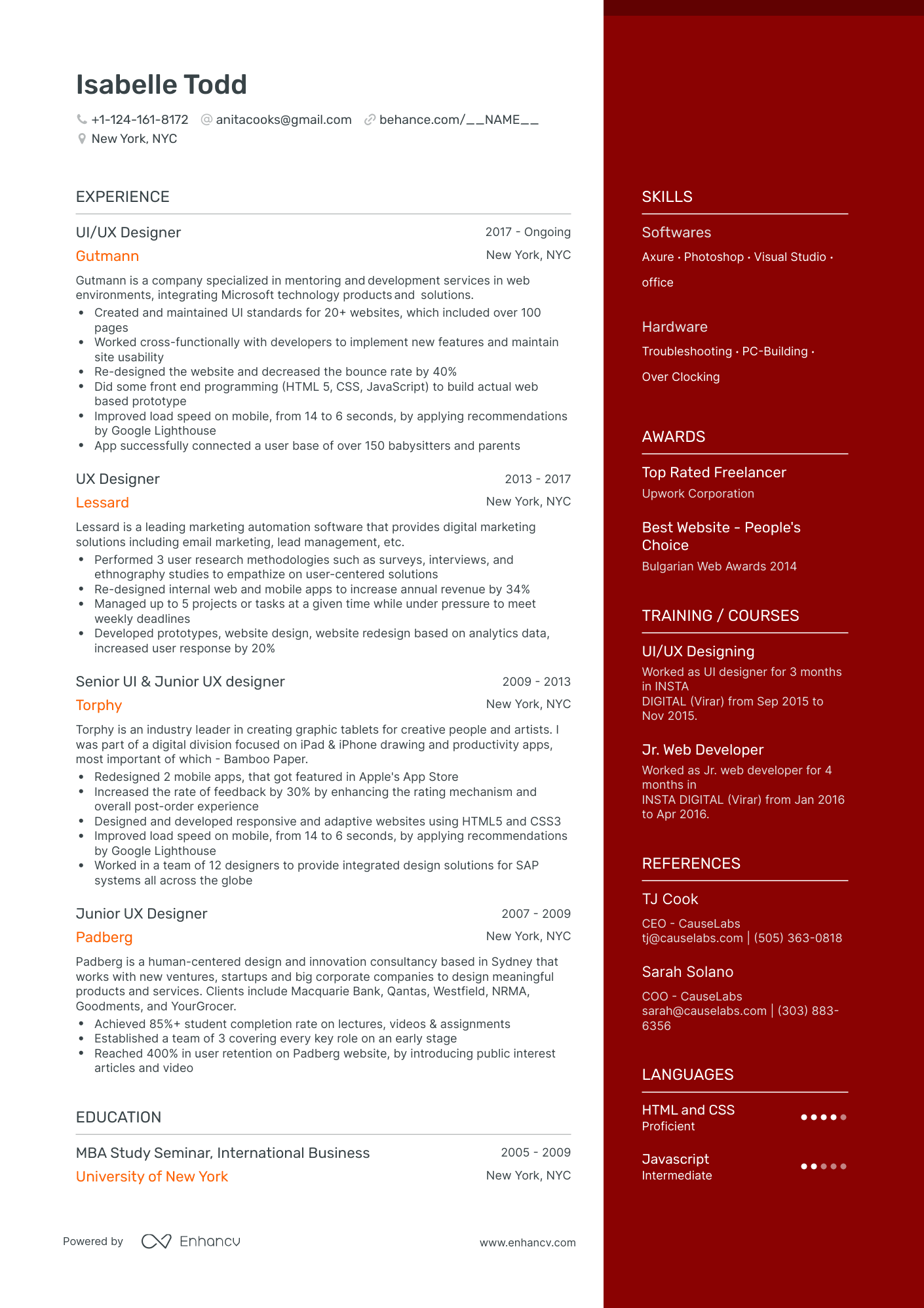 One Page UX UI Designer Resume Template