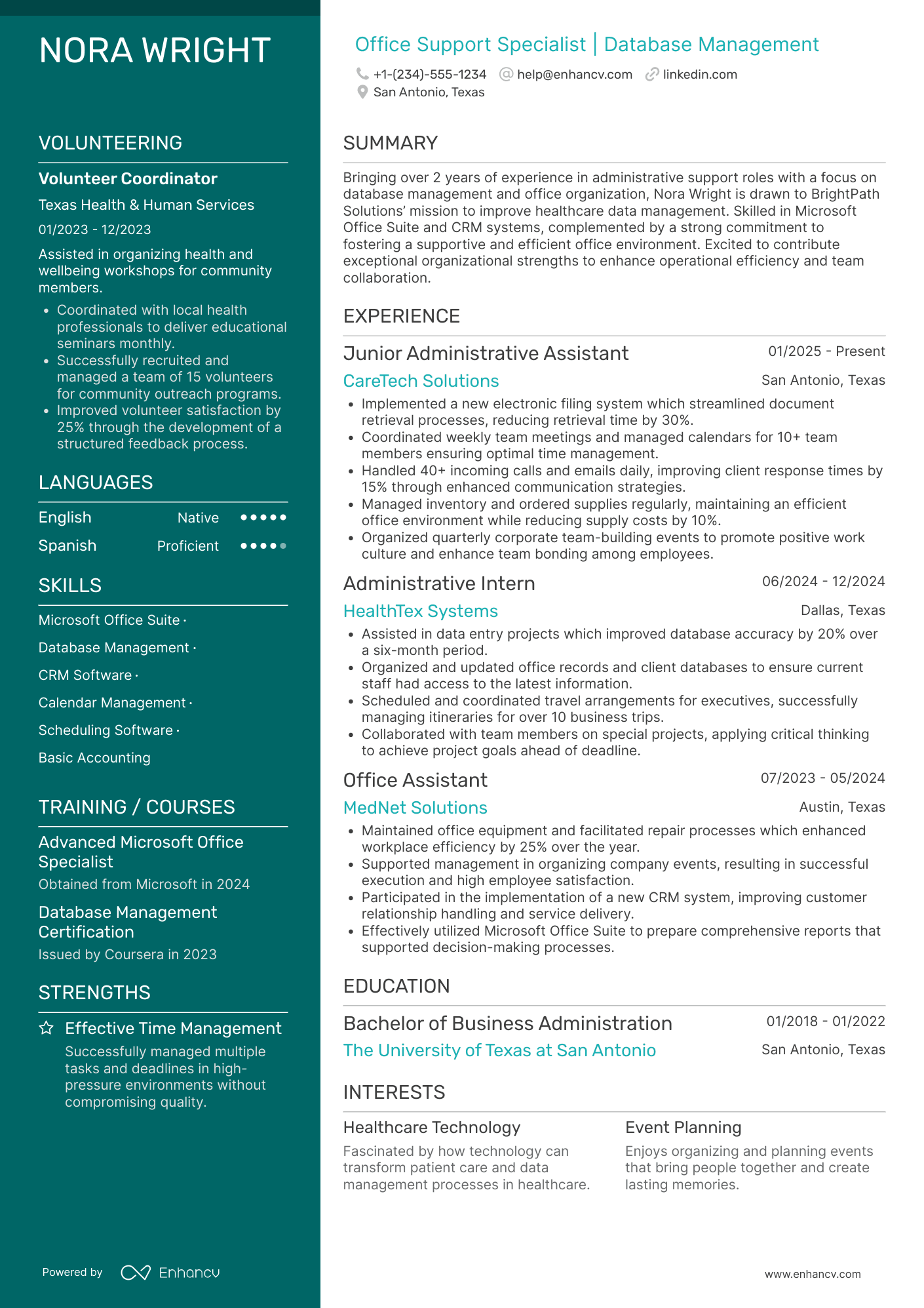 A resume example of a Junior Administrative Assistant