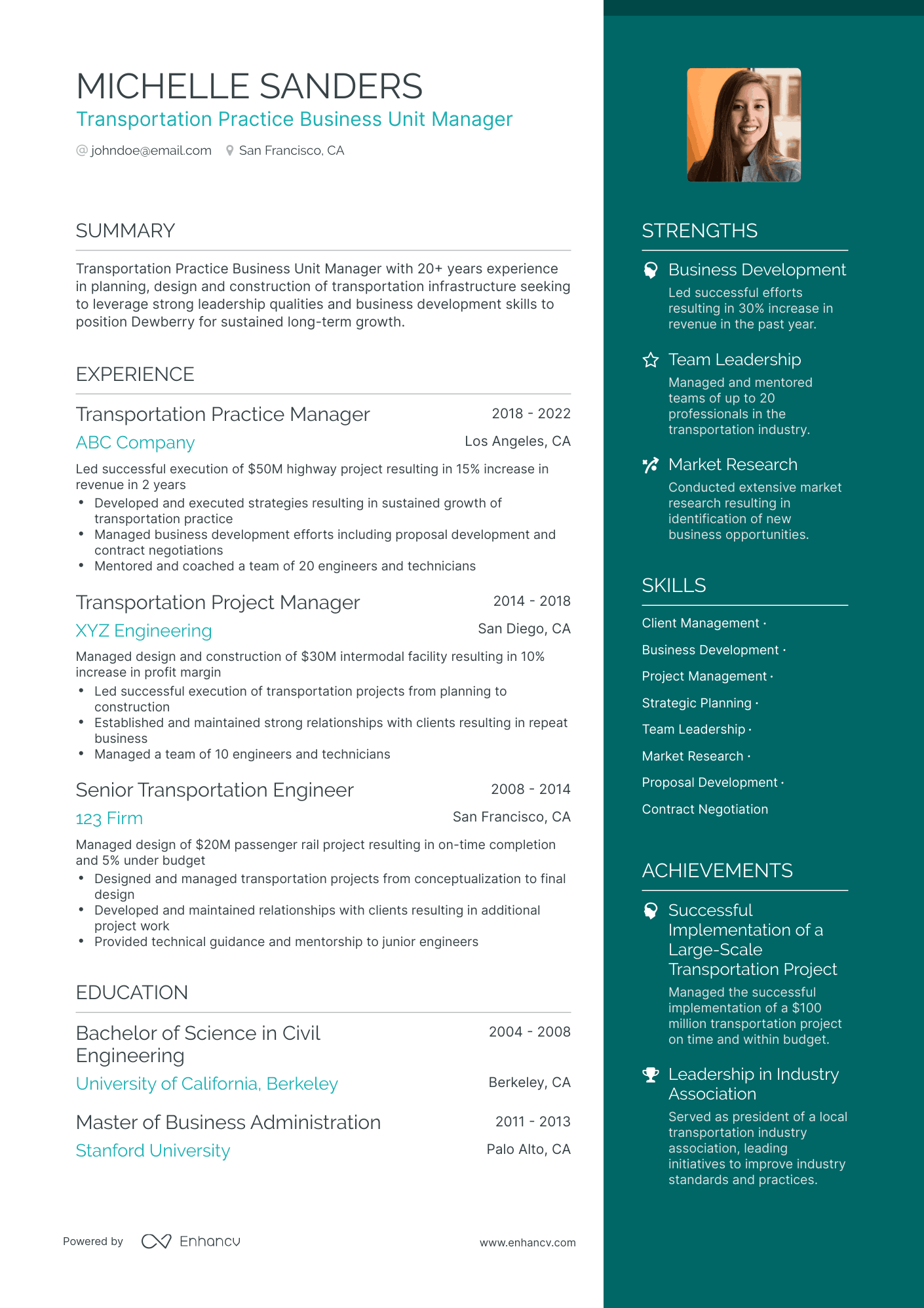 One Page Business Unit Manager Resume Template