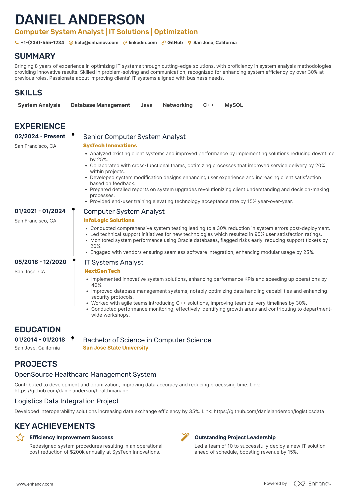 A resume example of a Computer System Analyst