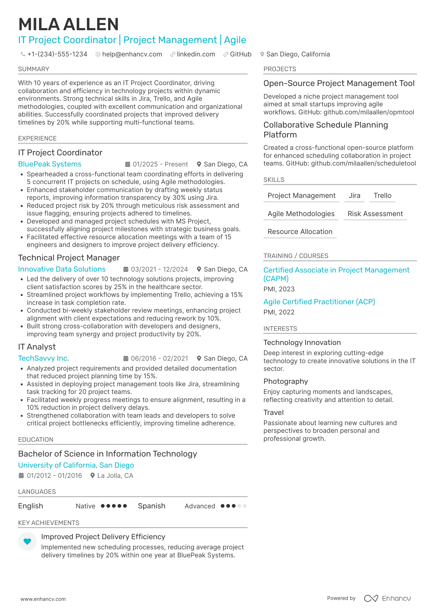 A resume example of a IT Project Coordinator