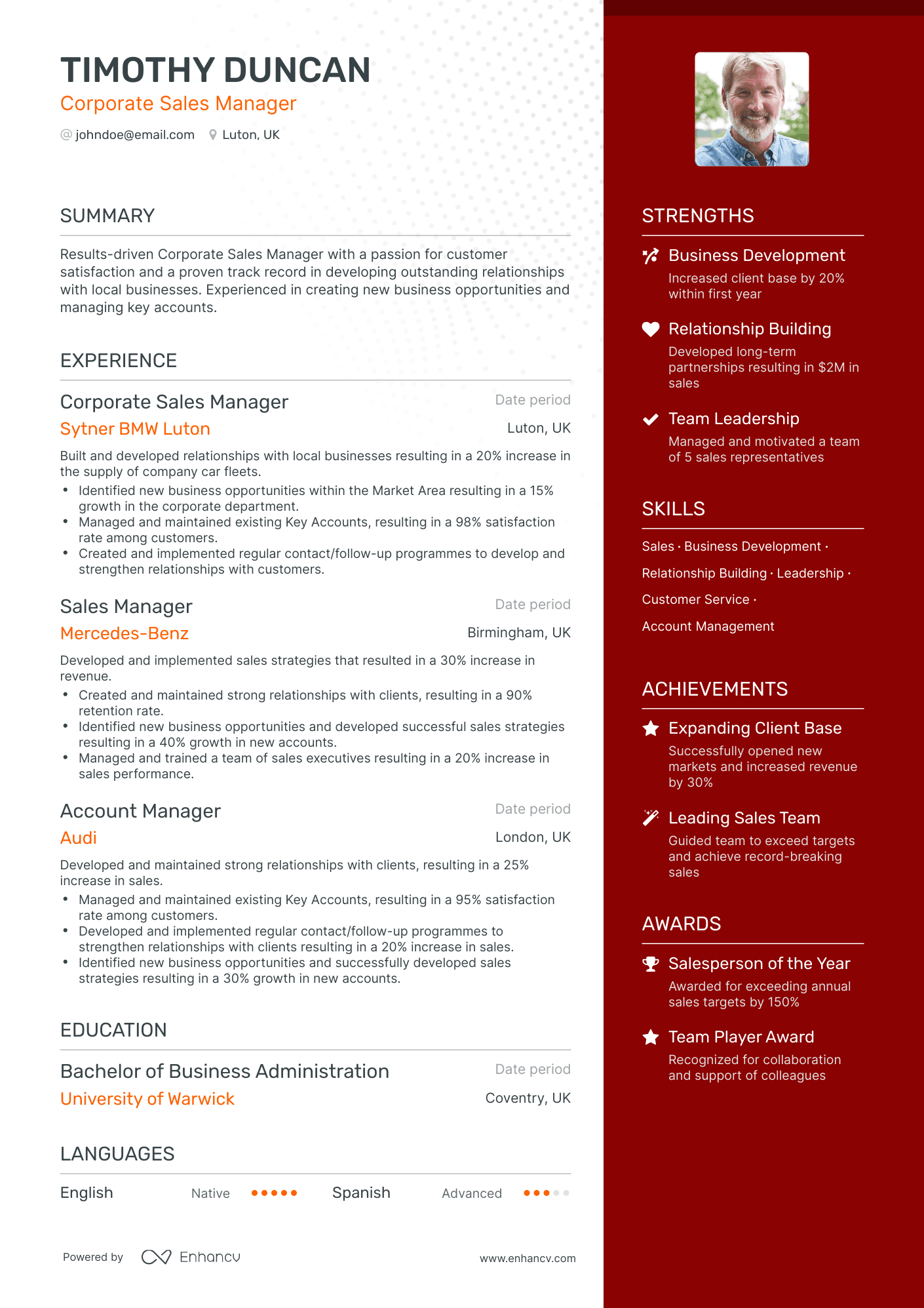 One Page Corporate Sales Manager Resume Template