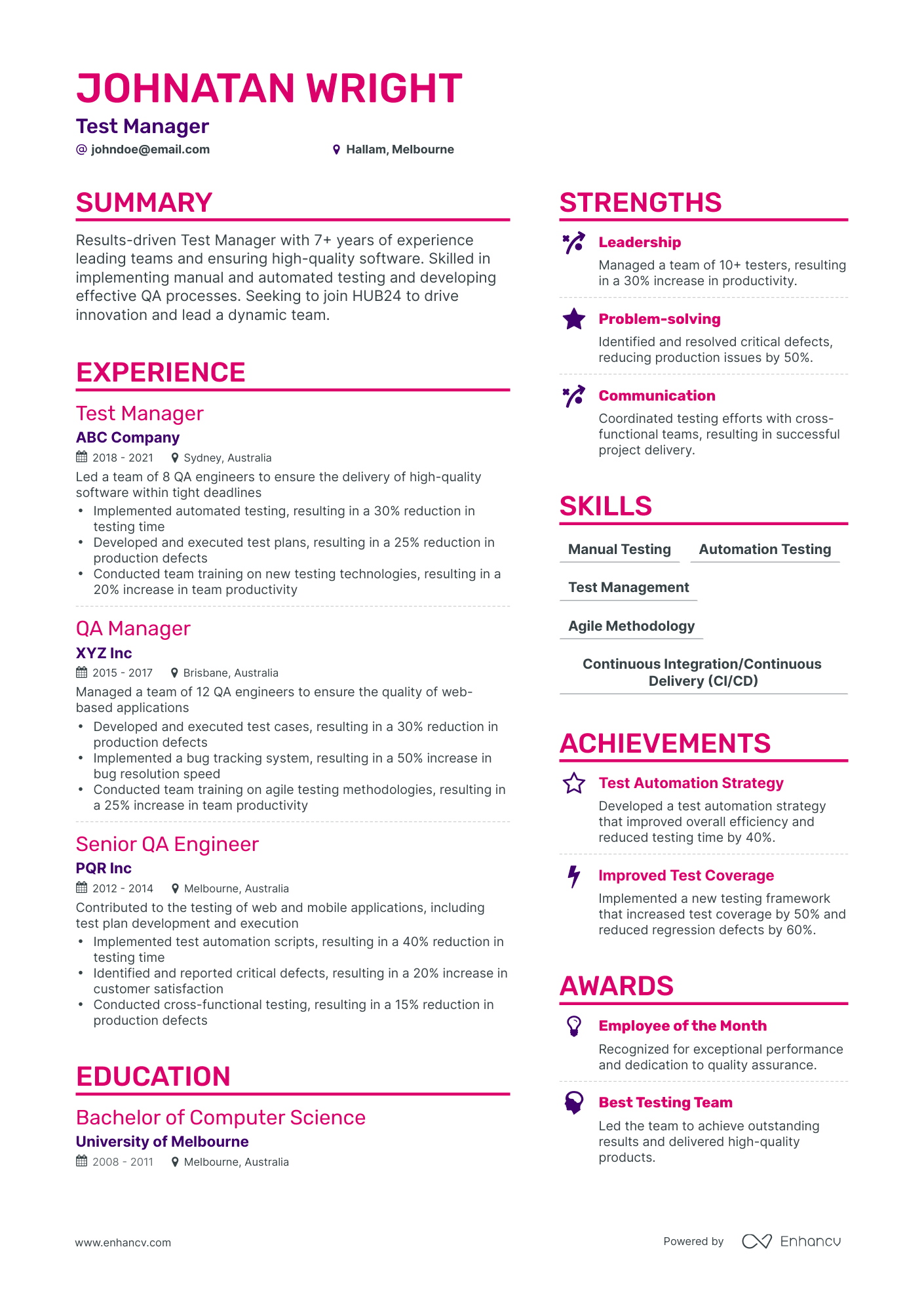 Simple Test Manager Resume Template