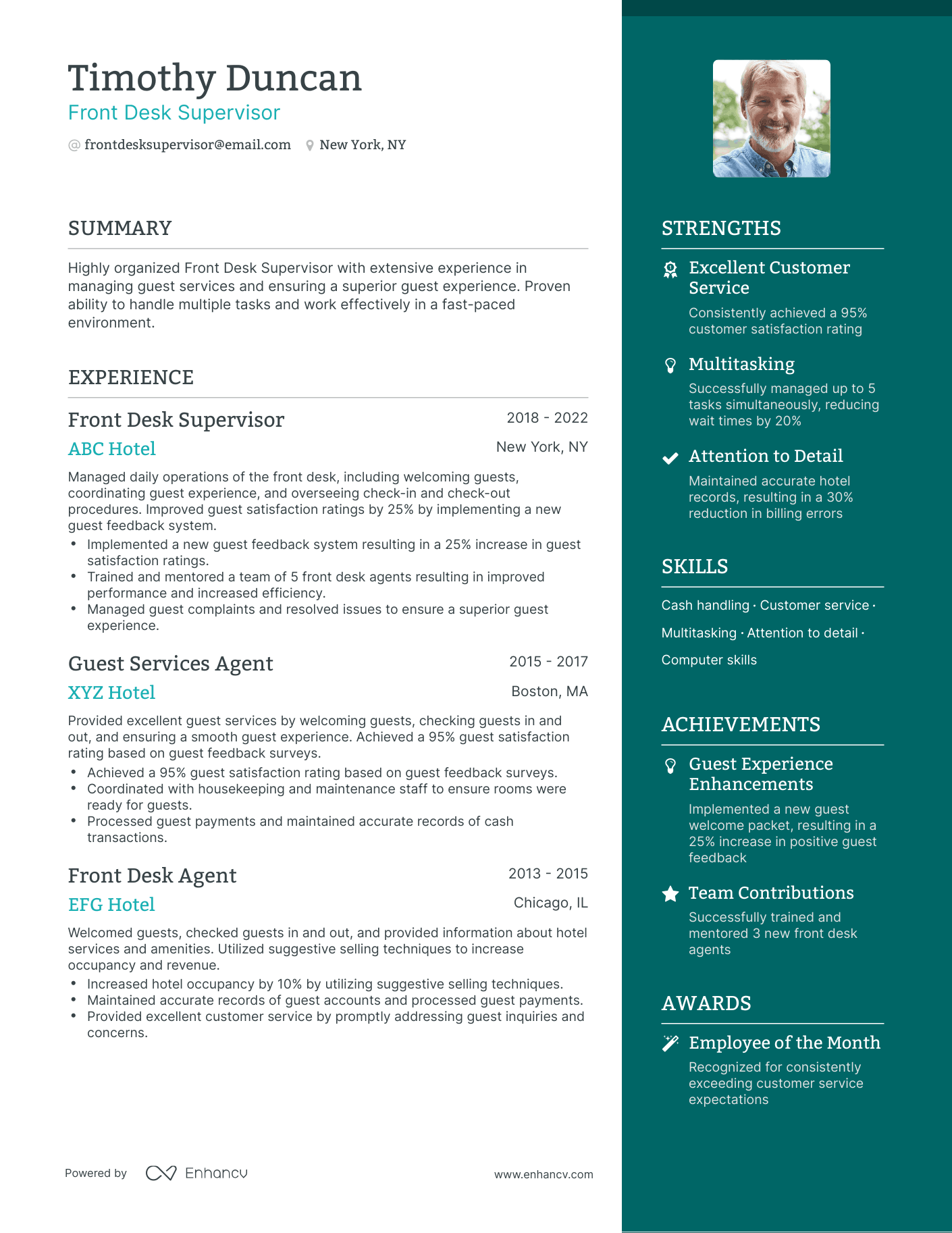 One Page Front Desk Supervisor Resume Template