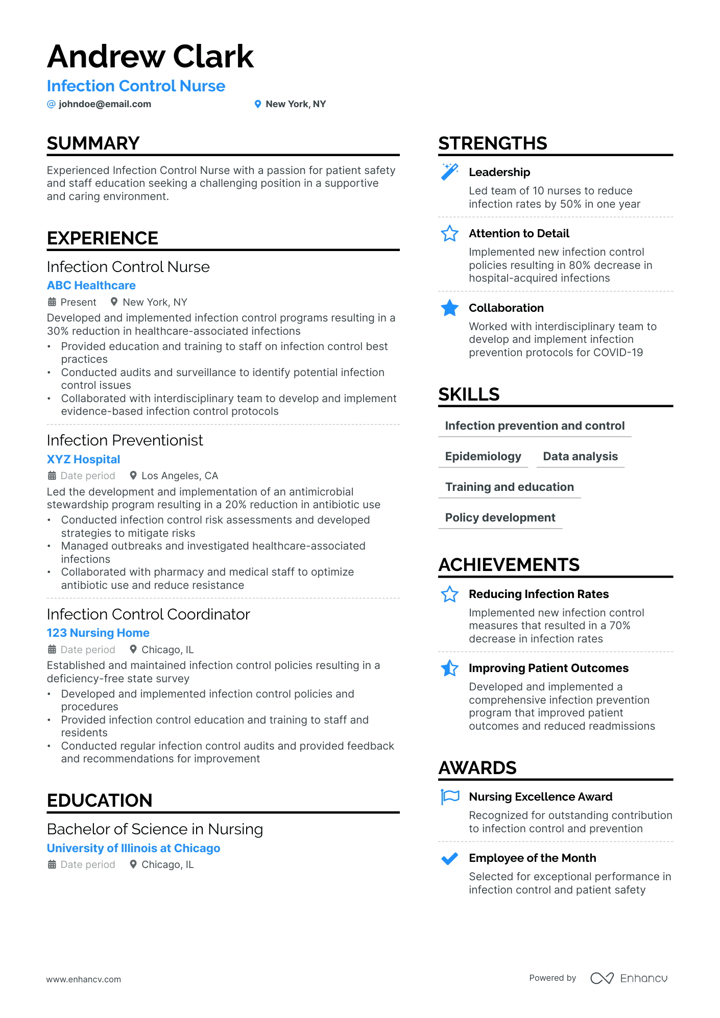 A resume example of a Infection Control Nurse