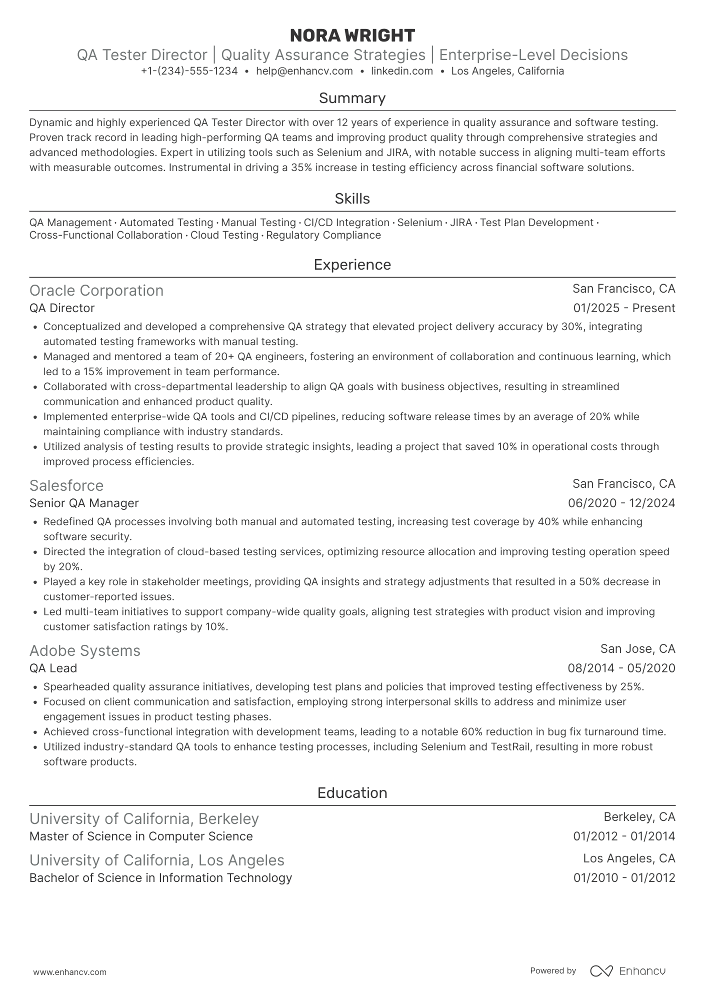 A resume example of a QA Tester Director