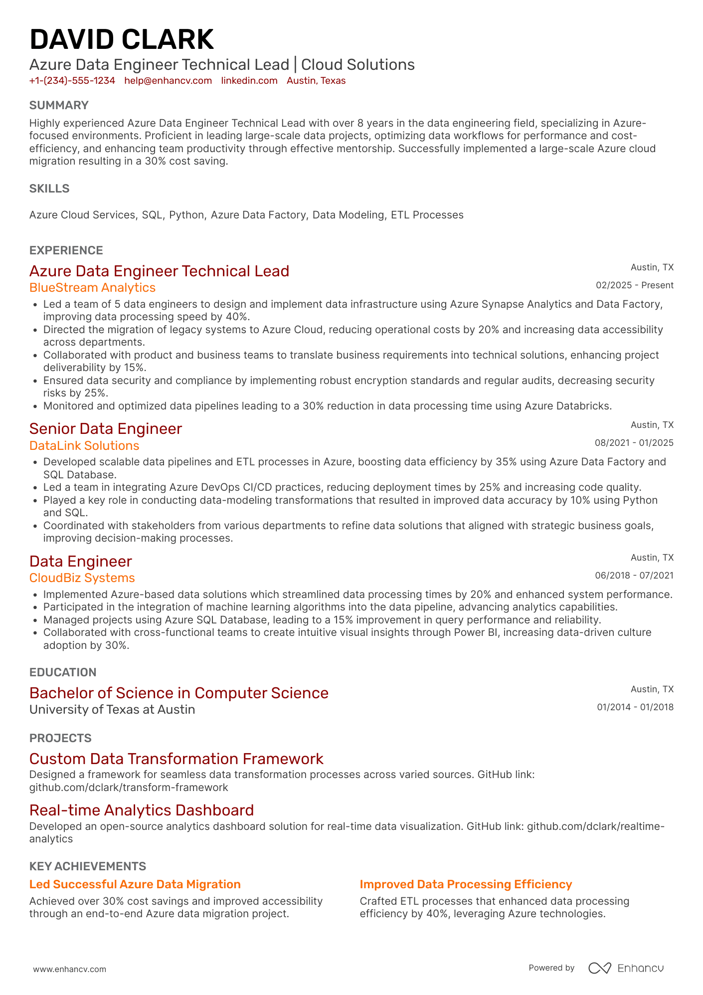 A resume example of a Azure Data Engineer Technical Lead