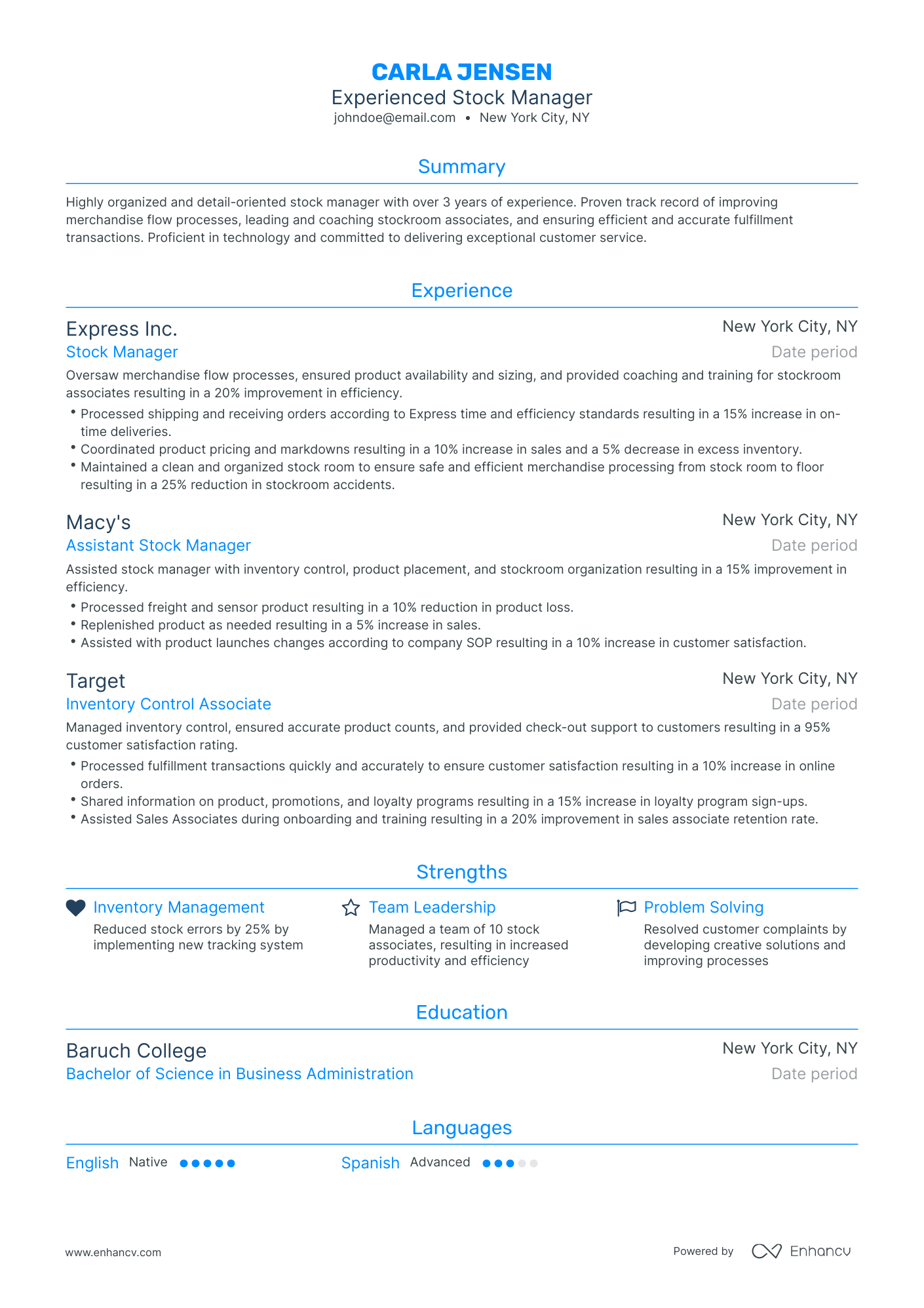 Traditional Stock Manager Resume Template