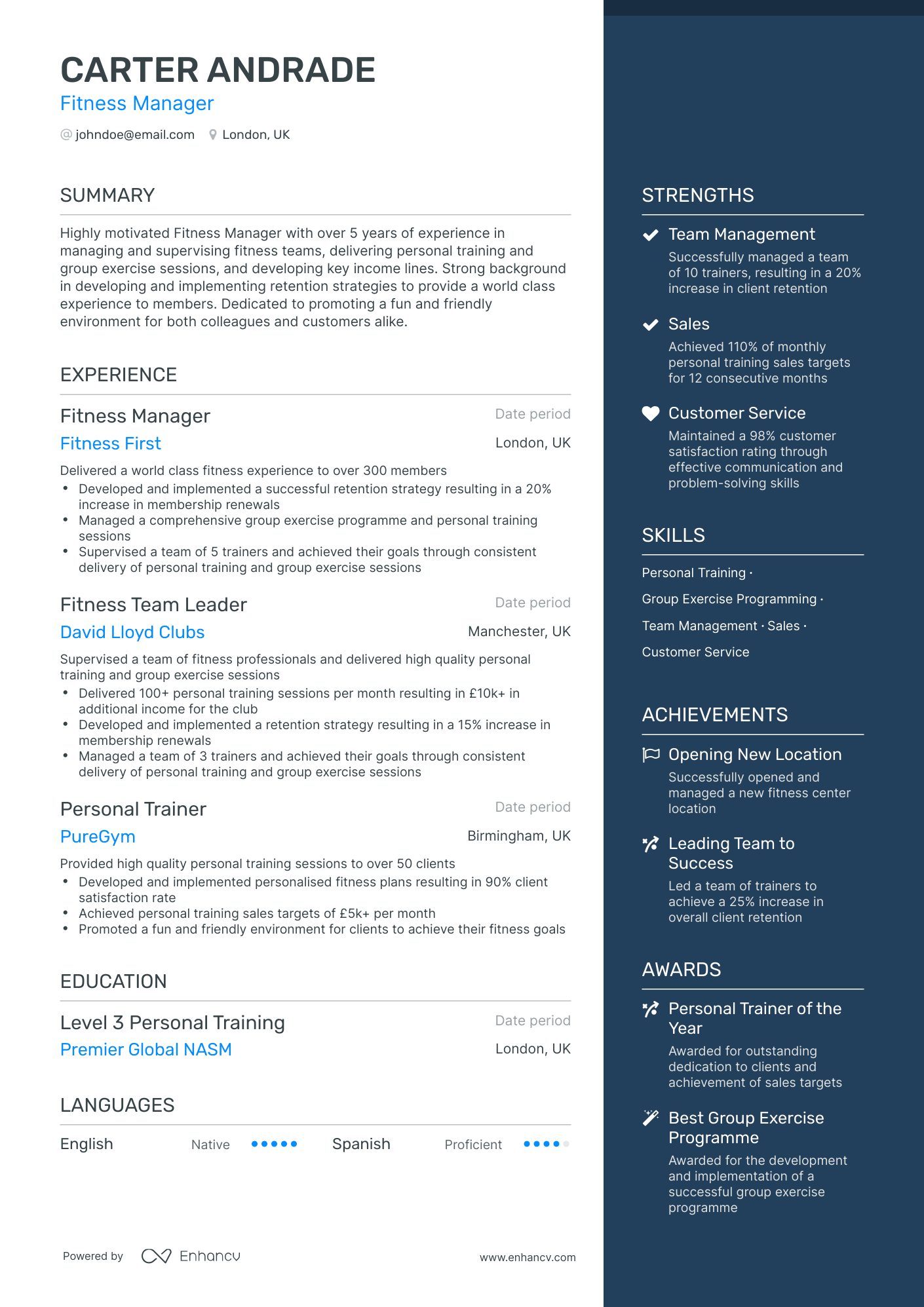 One Page Fitness Manager Resume Template
