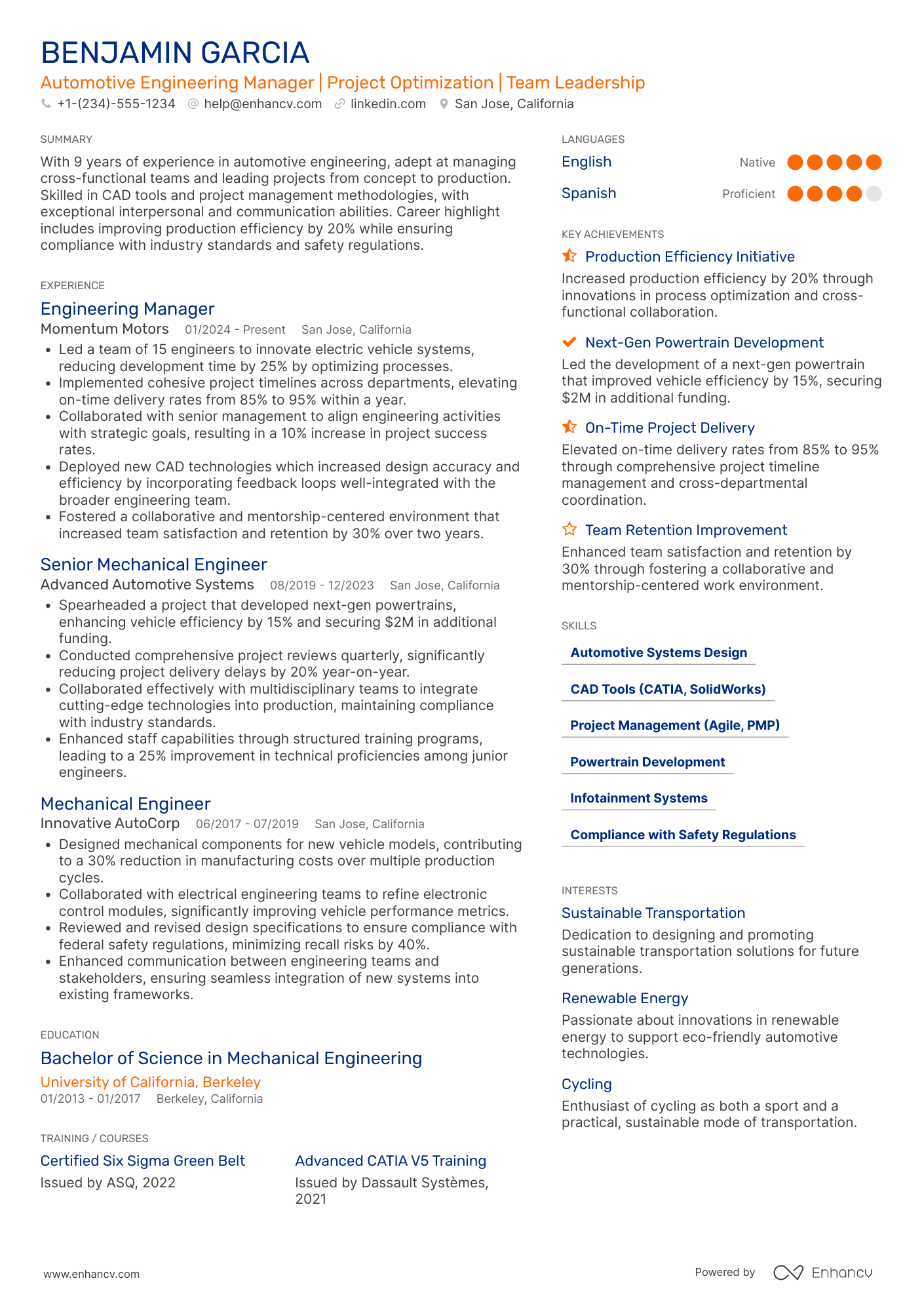 A resume example of a Automotive Engineering Manager