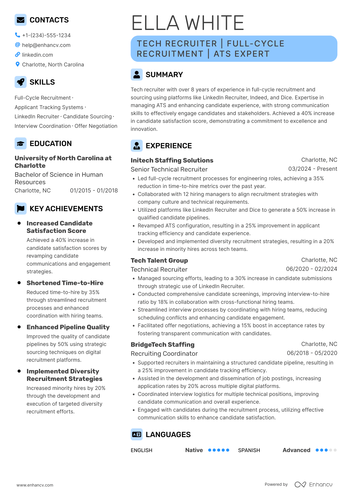 A resume example of a Tech Recruiter
