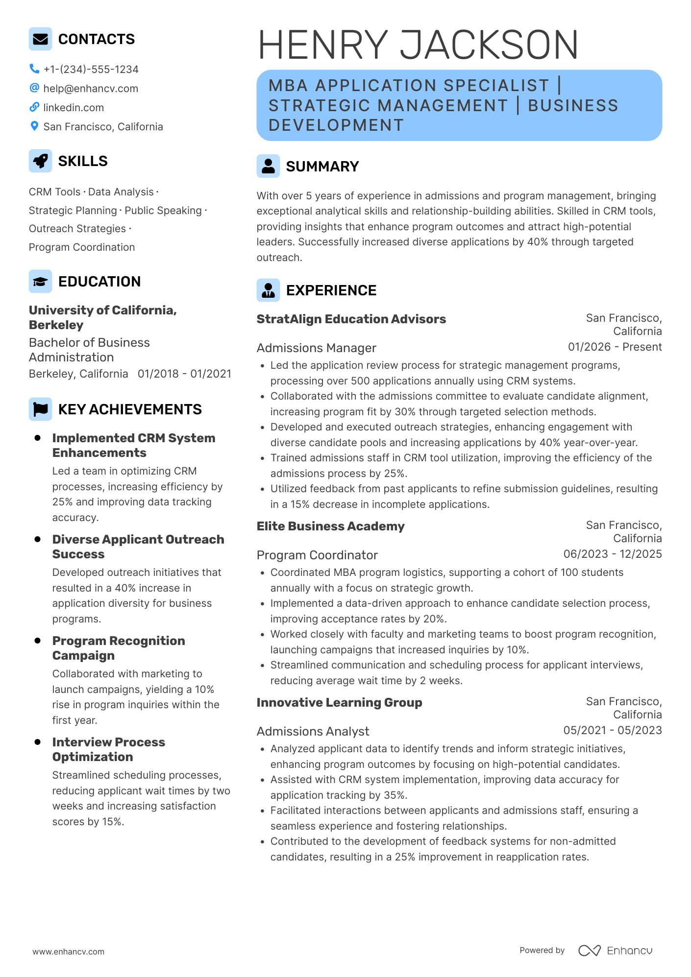 A resume example of a MBA Application