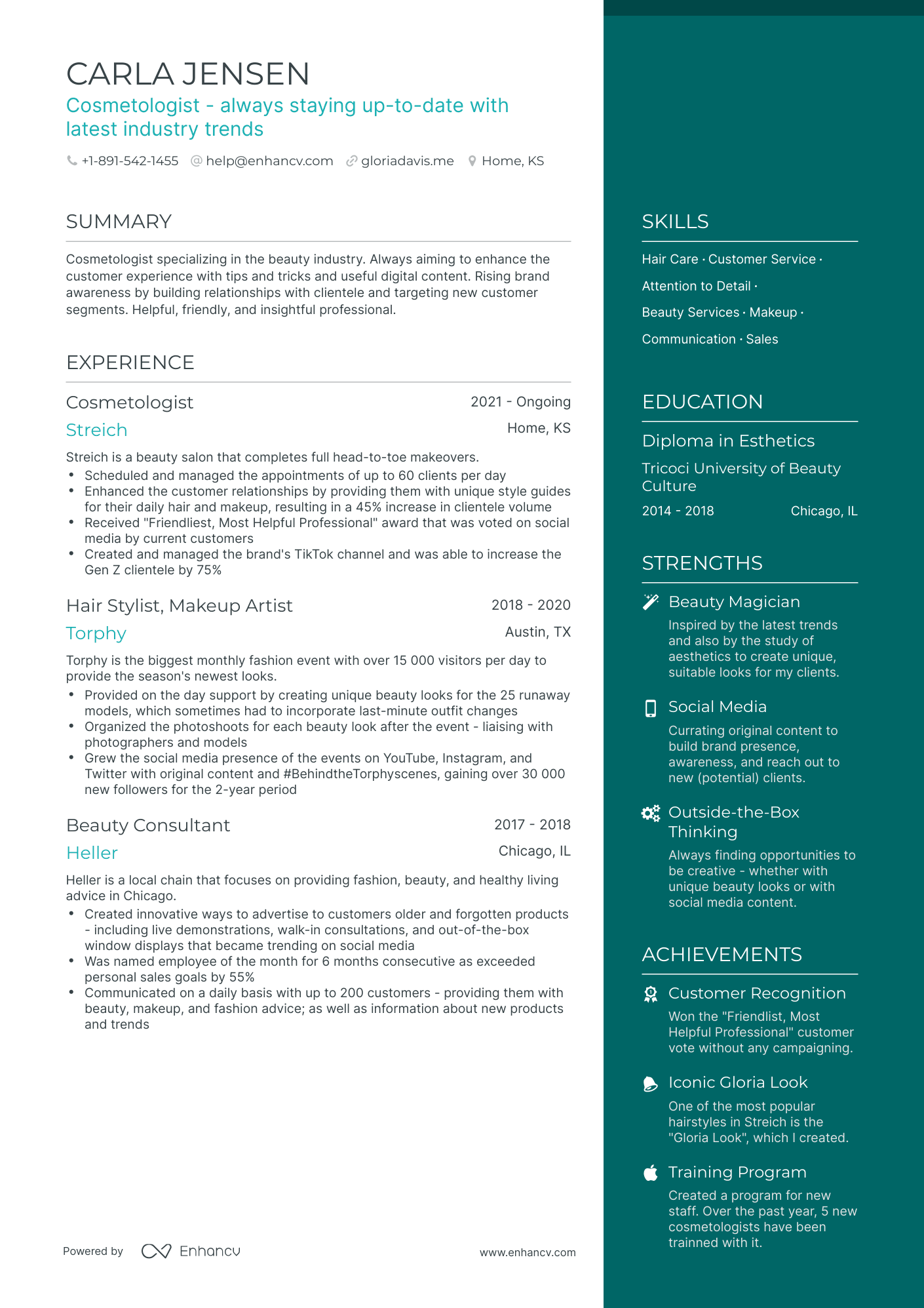 One Page Cosmetologist Resume Template