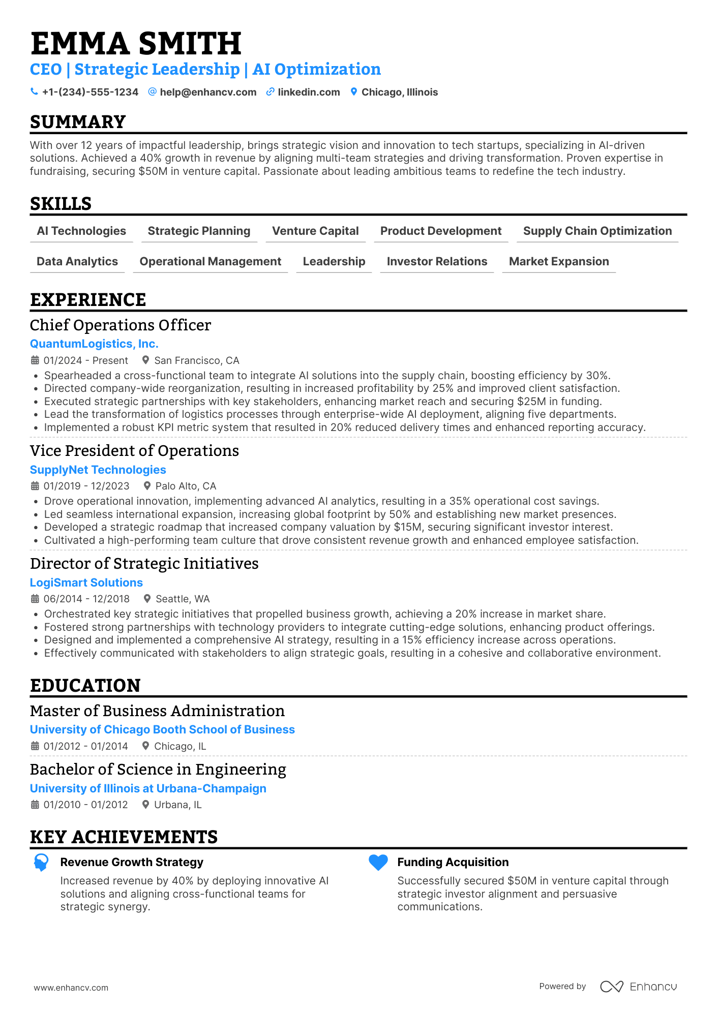 A resume example of a Silicon Valley Tech Startup CEO