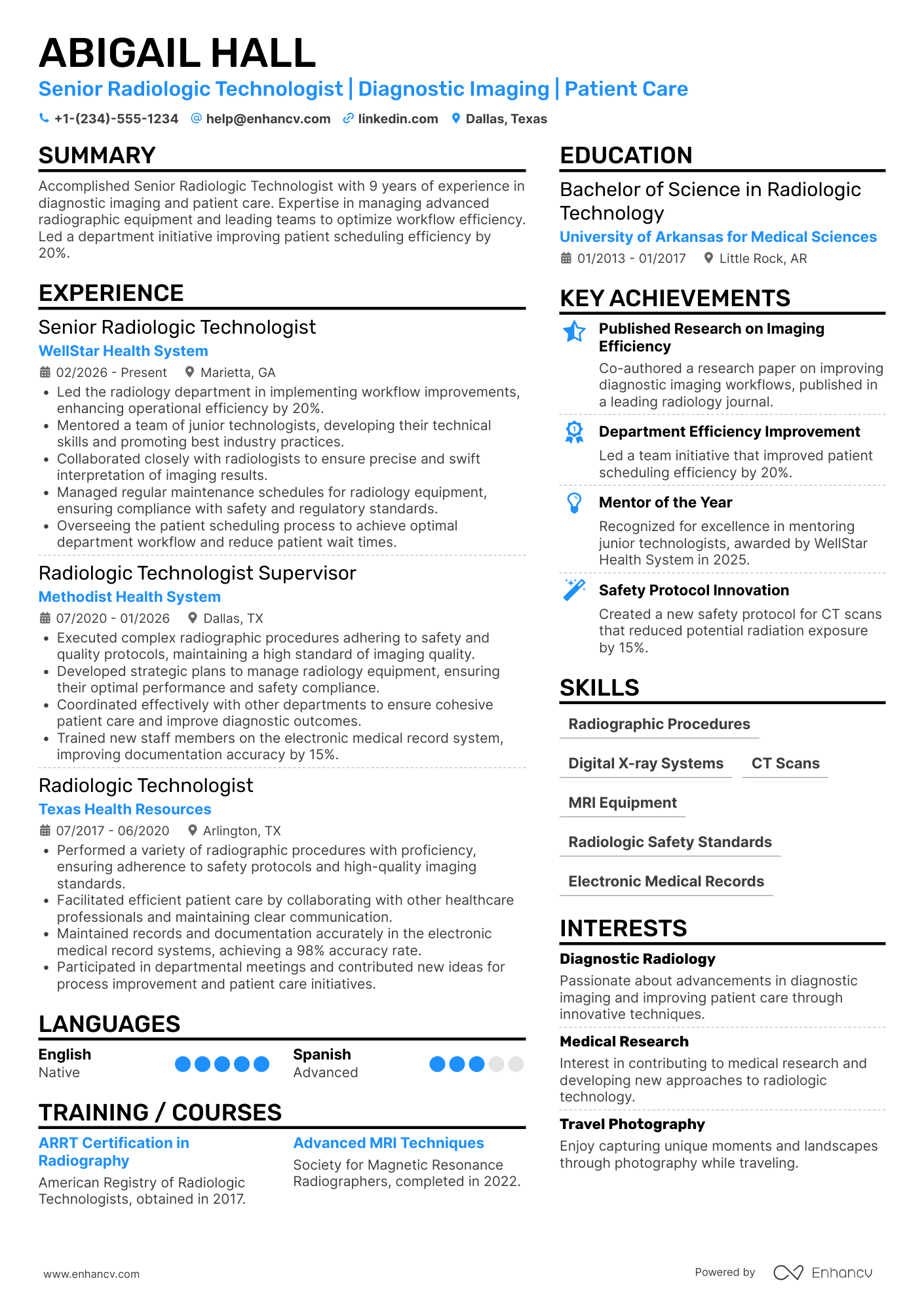 A resume example of a Senior Radiologic Technologist