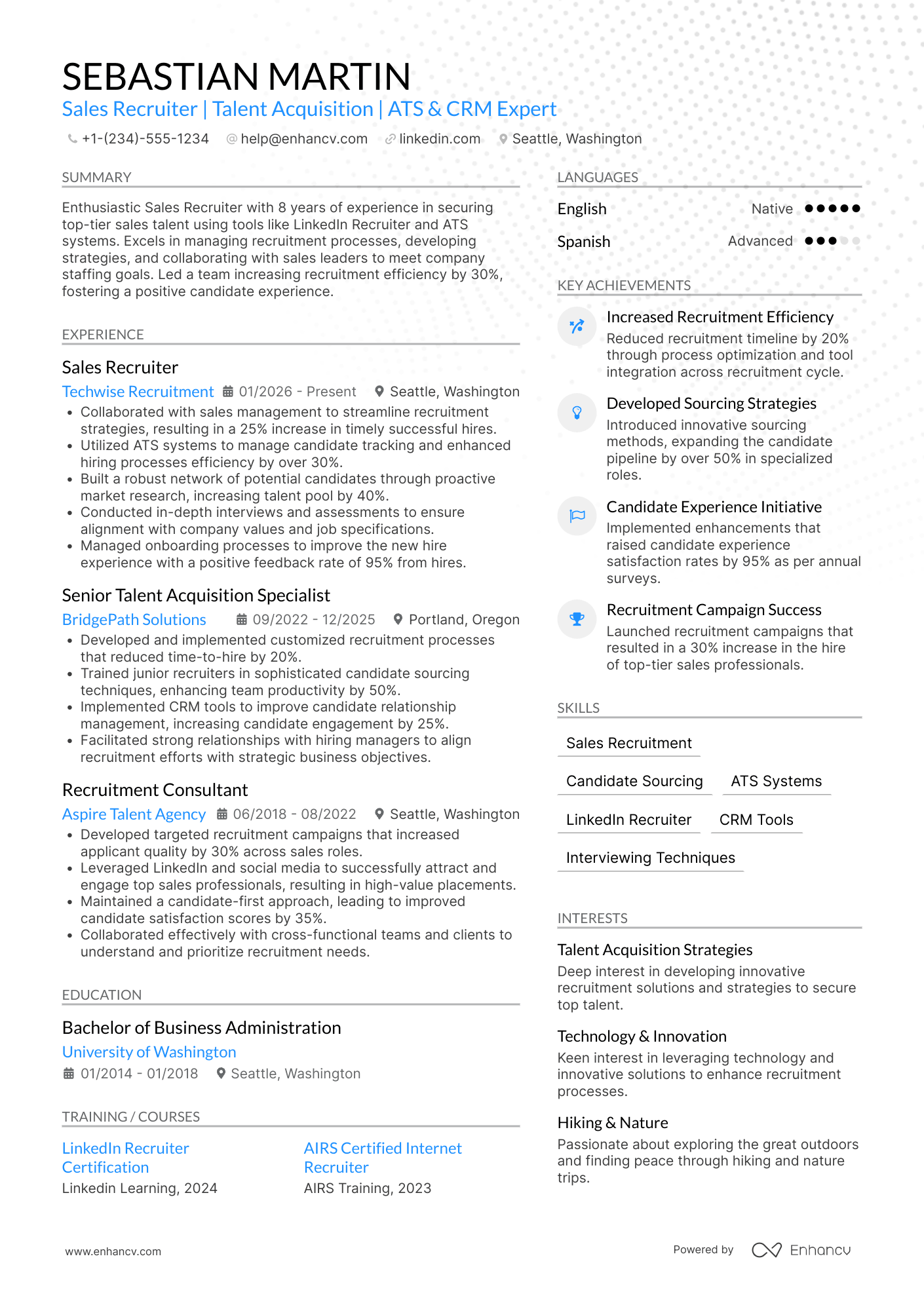 A resume example of a Sales Recruiter