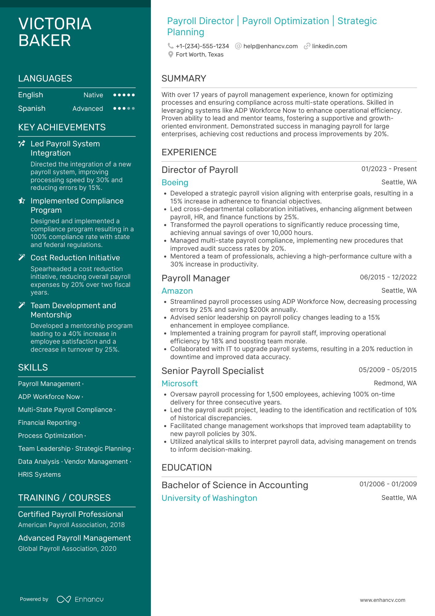 A resume example of a Payroll Director