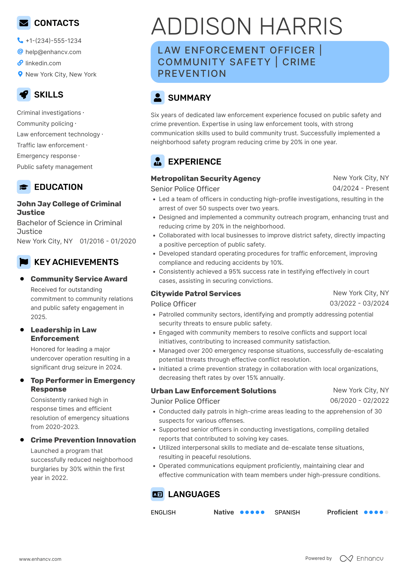 A resume example of a NYPD Police Officer