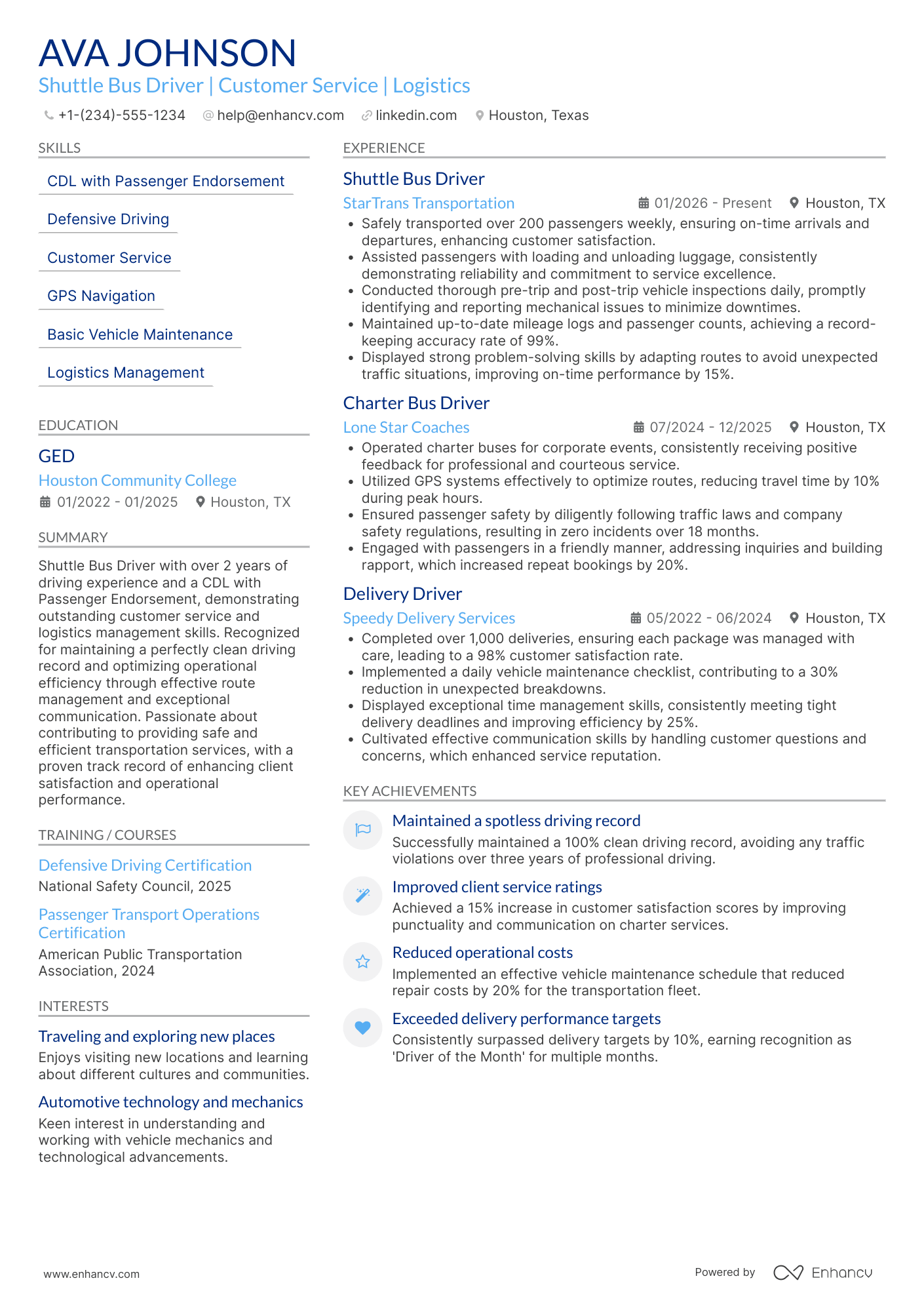 A resume example of a Airport Shuttle Bus Driver