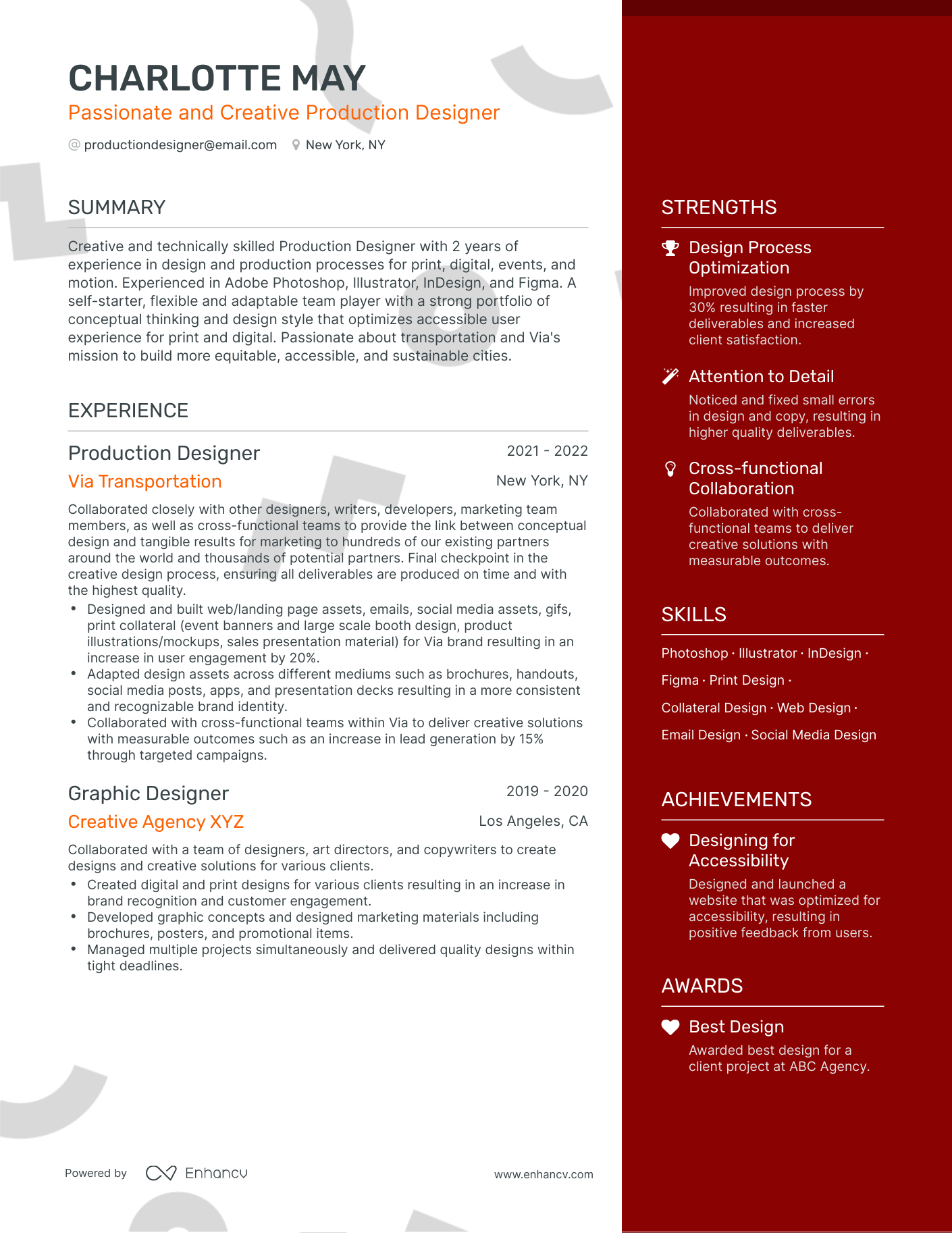 One Page Production Designer Resume Template