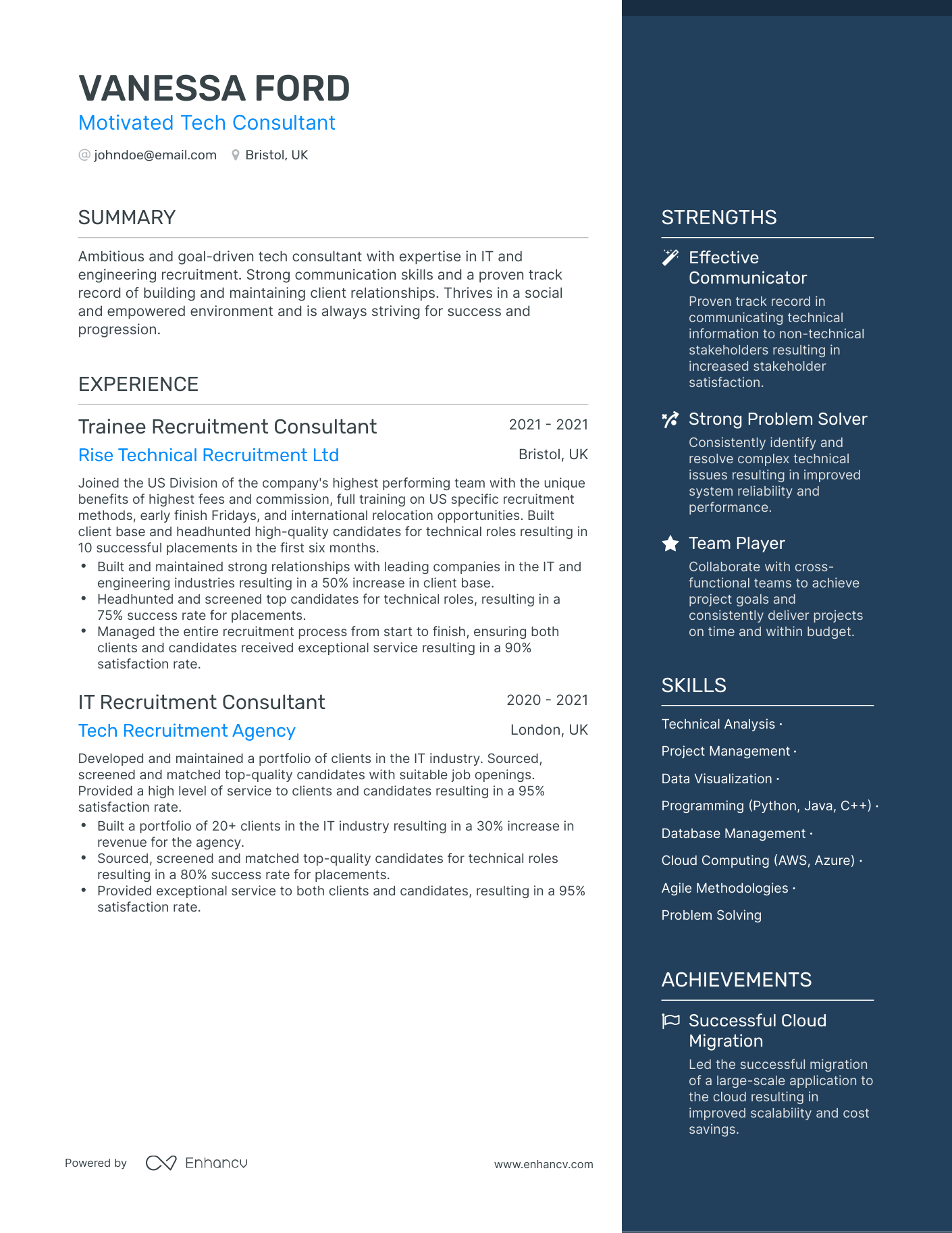 One Page Tech Consultant Resume Template