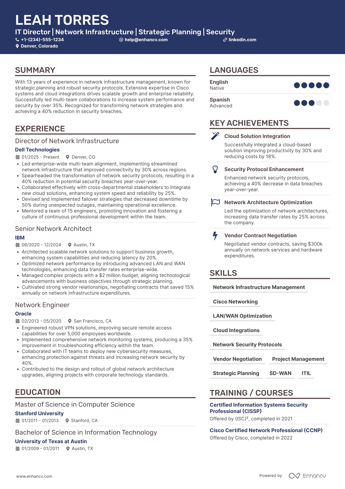A resume example of a IT Director of Network Infrastructure