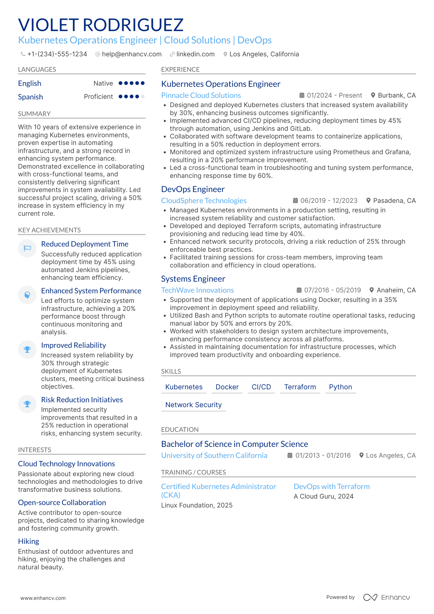 A resume example of a Kubernetes Operations Engineer