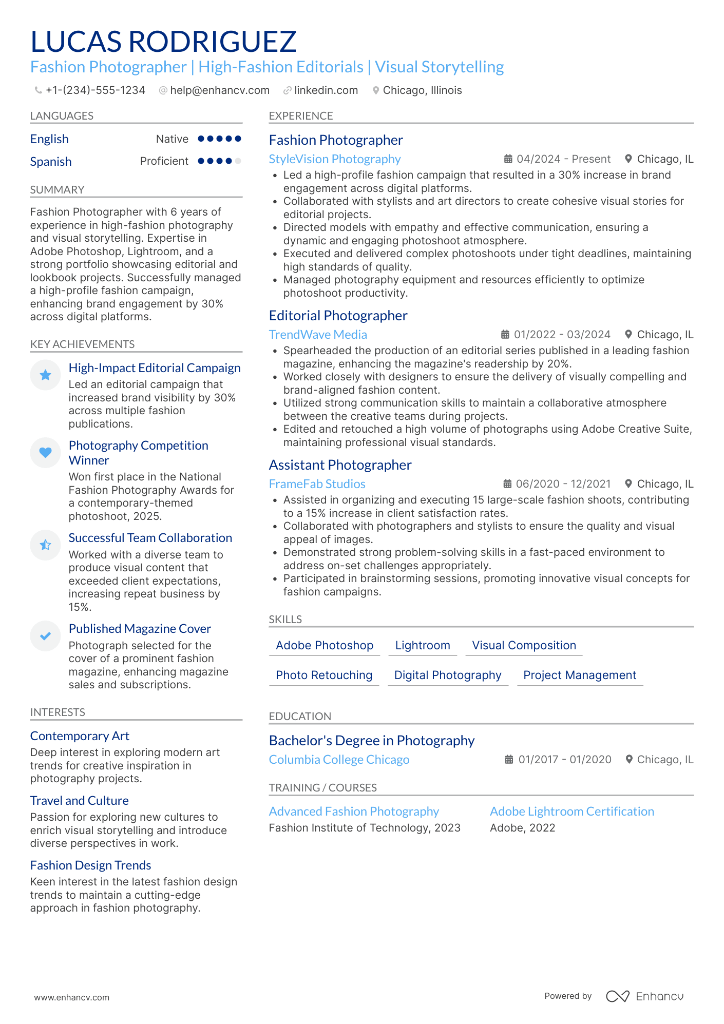 A resume example of a Fashion Photographer