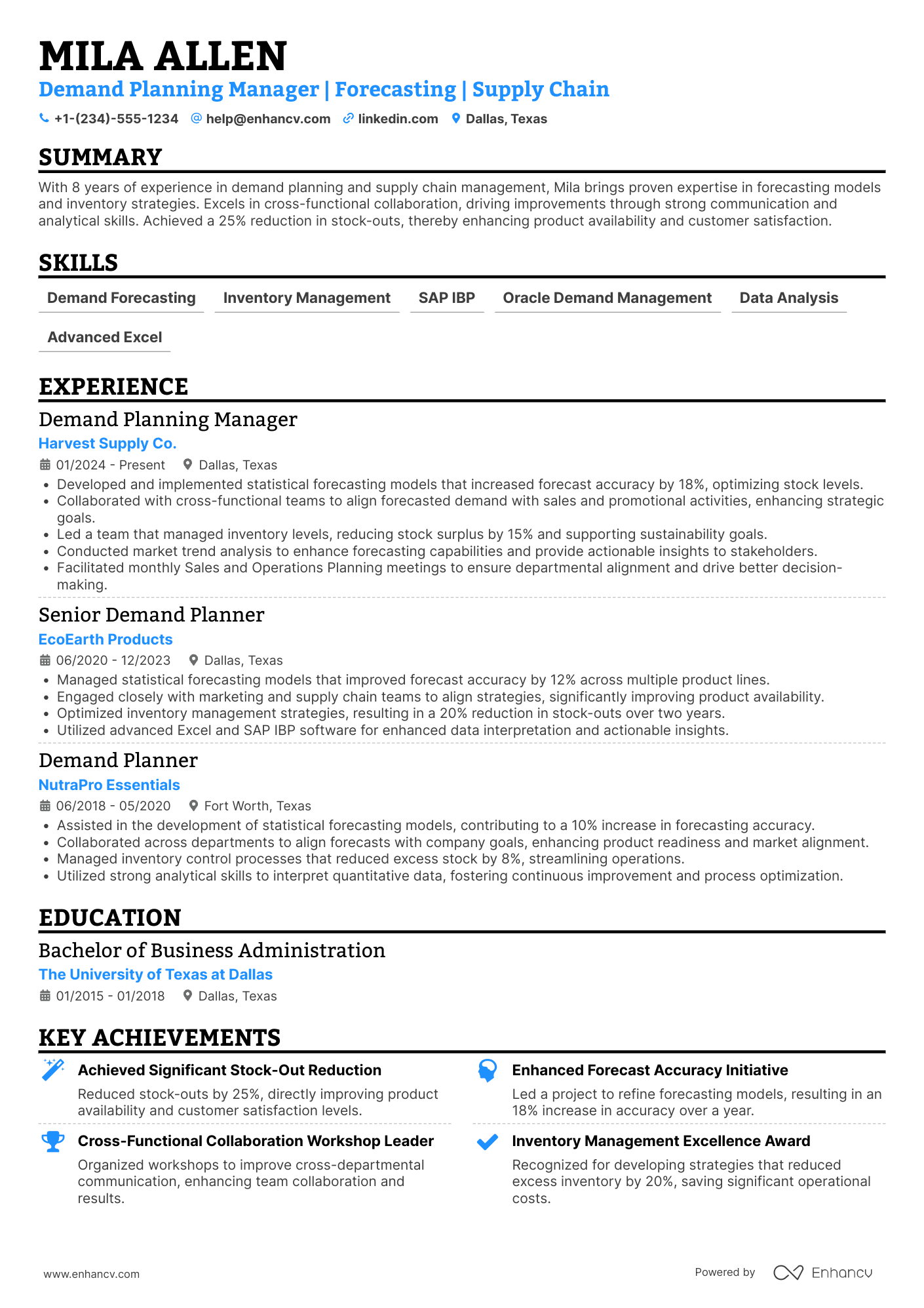 A resume example of a Demand Planning Manager