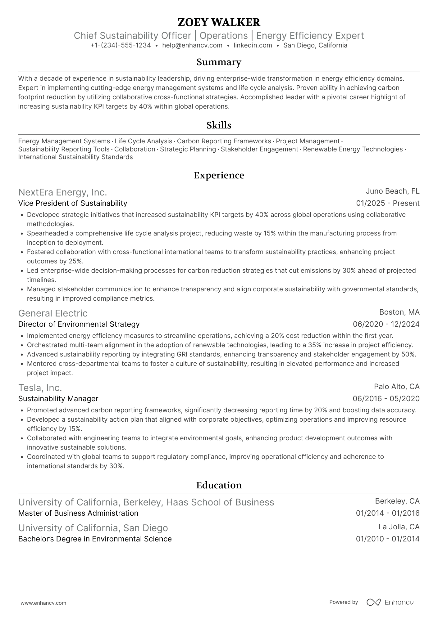 A resume example of a Chief Sustainability Officer, Operations