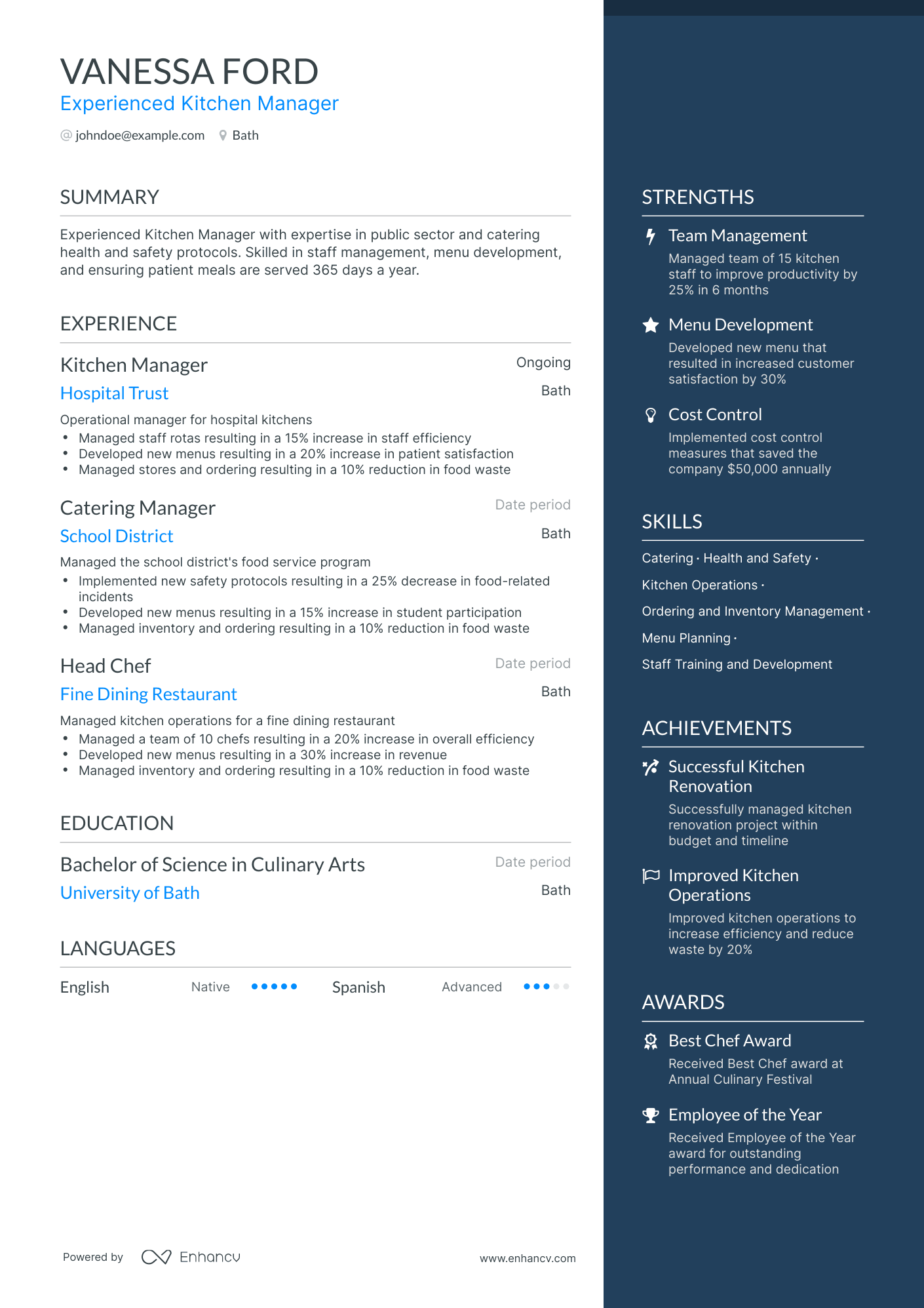 One Page Kitchen Manager Resume Template