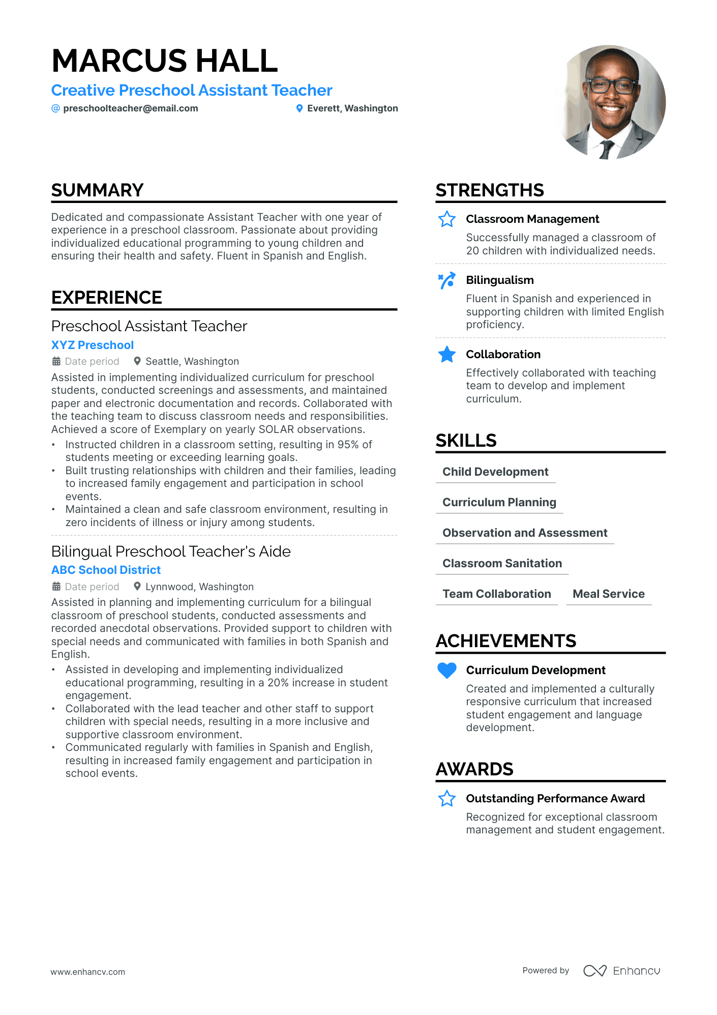 A resume example of a Preschool Assistant Teacher