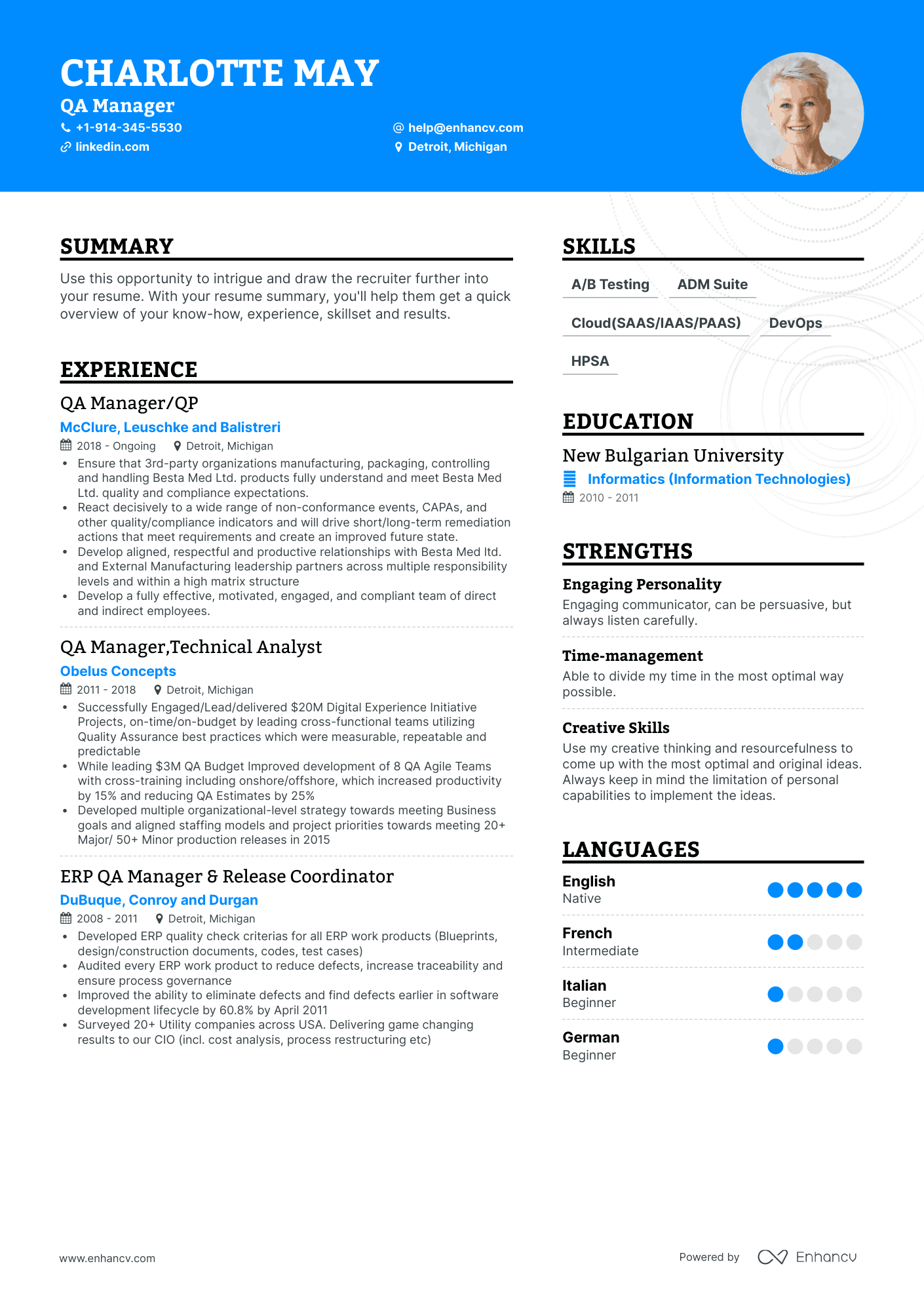 Creative QA Manager Resume Template
