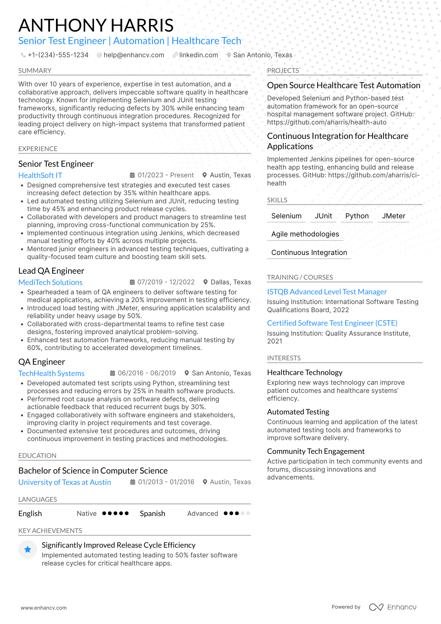 A resume example of a Senior Test Engineer