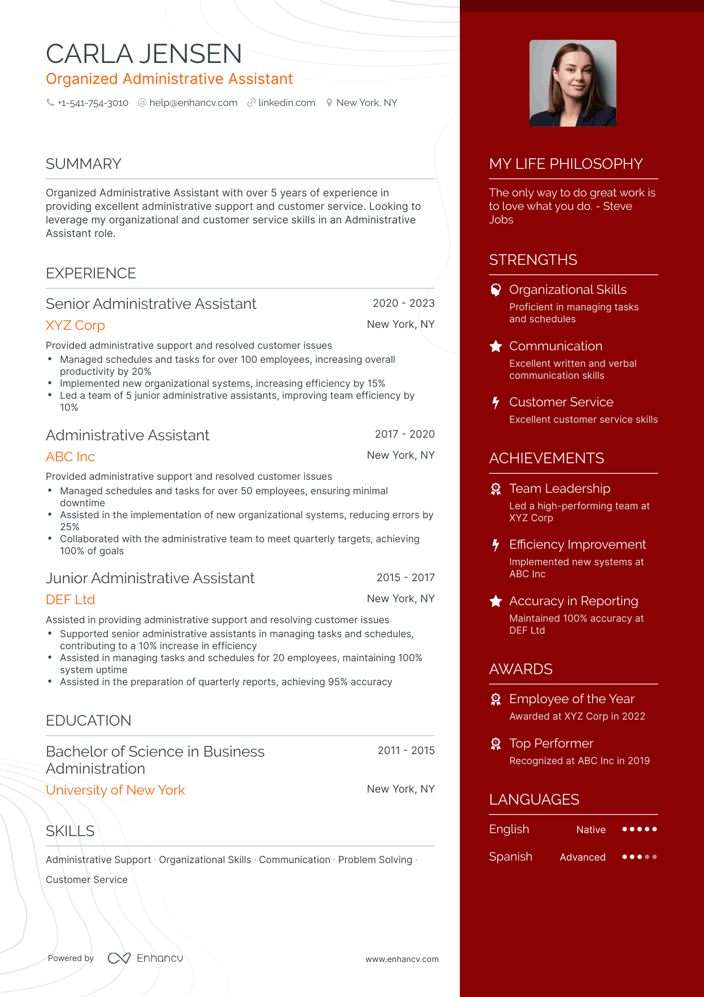 One Page Administrative Assistant Resume Template
