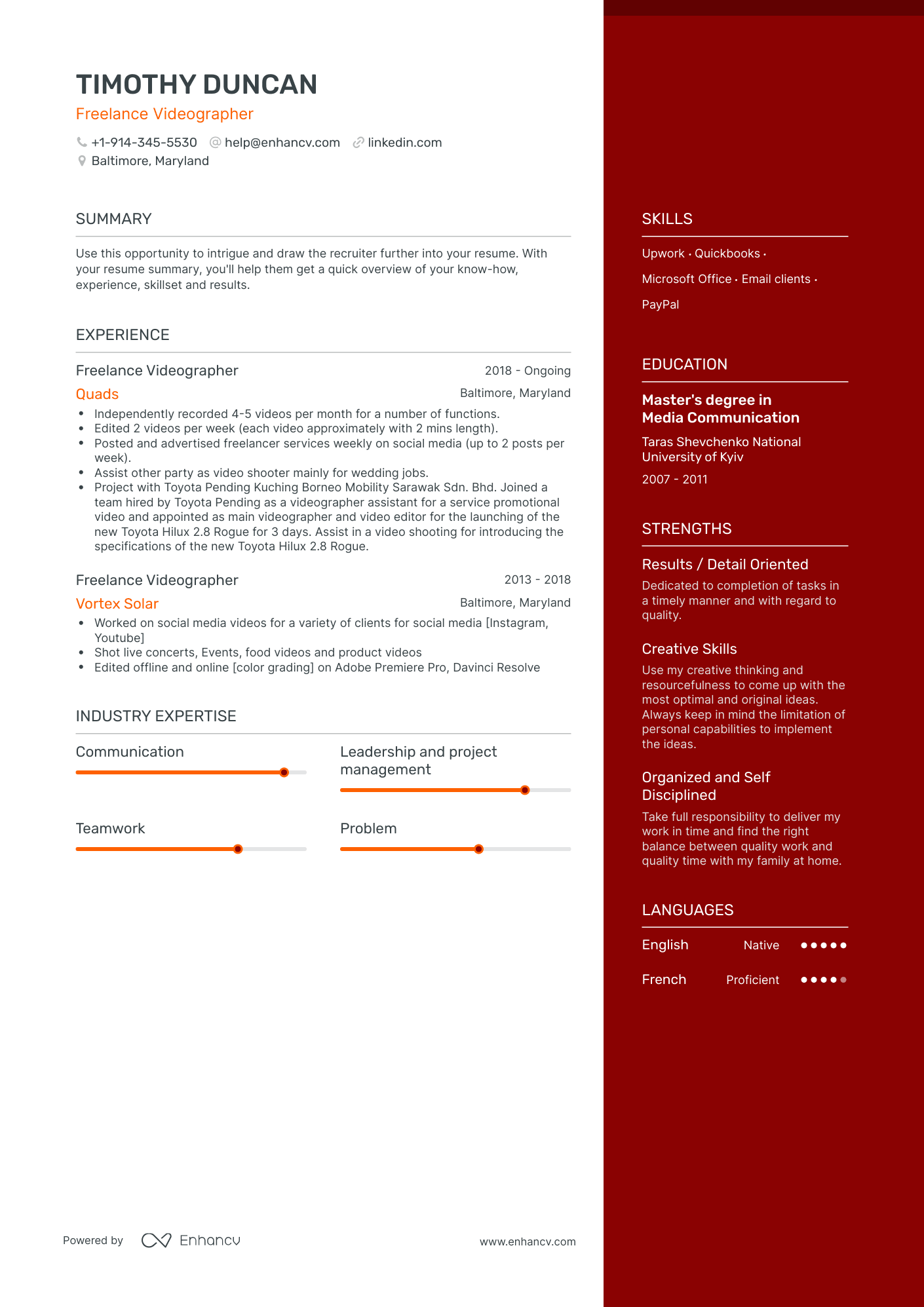 One Page Freelance Videographer Resume Template