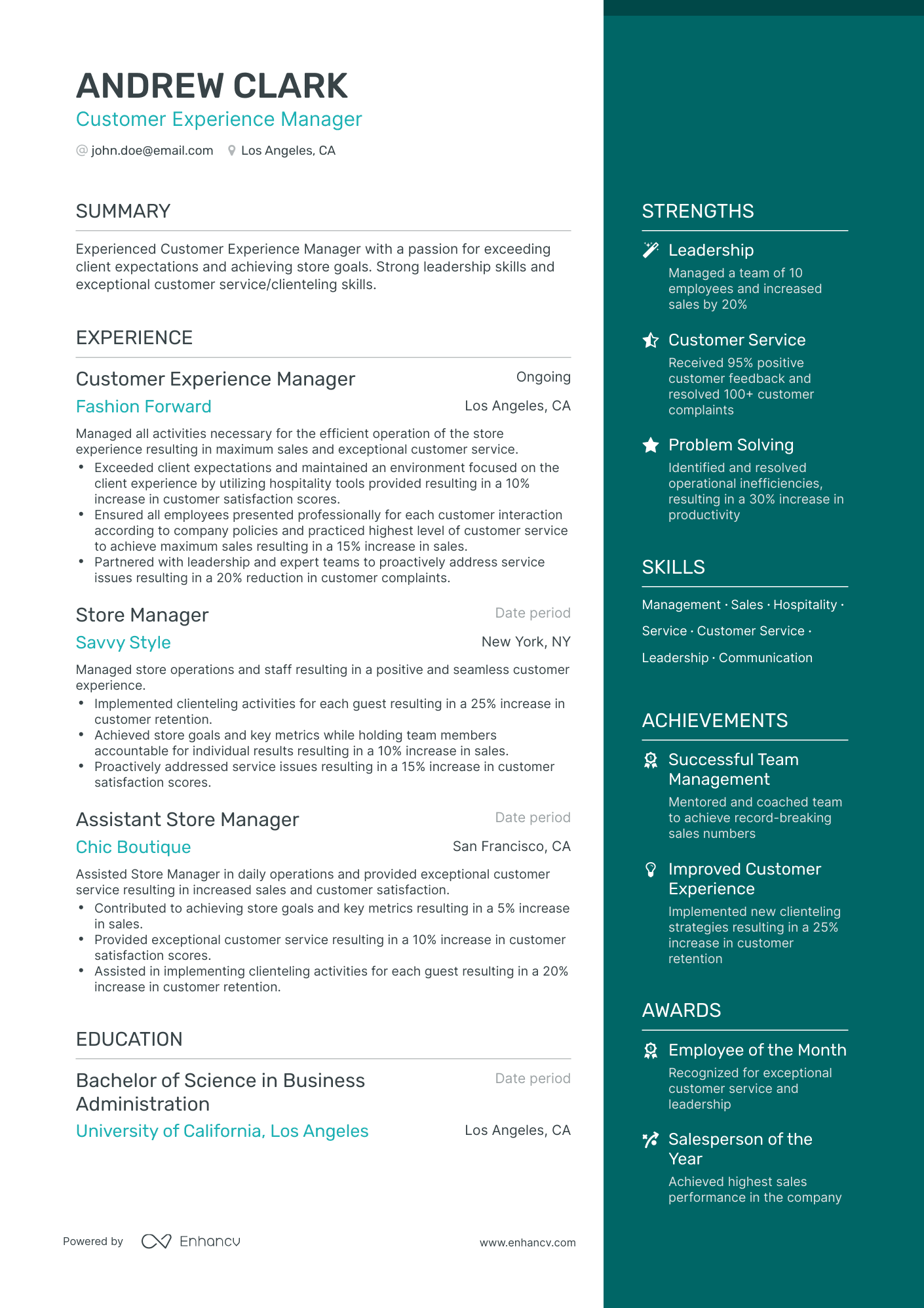 One Page Customer Experience Manager Resume Template